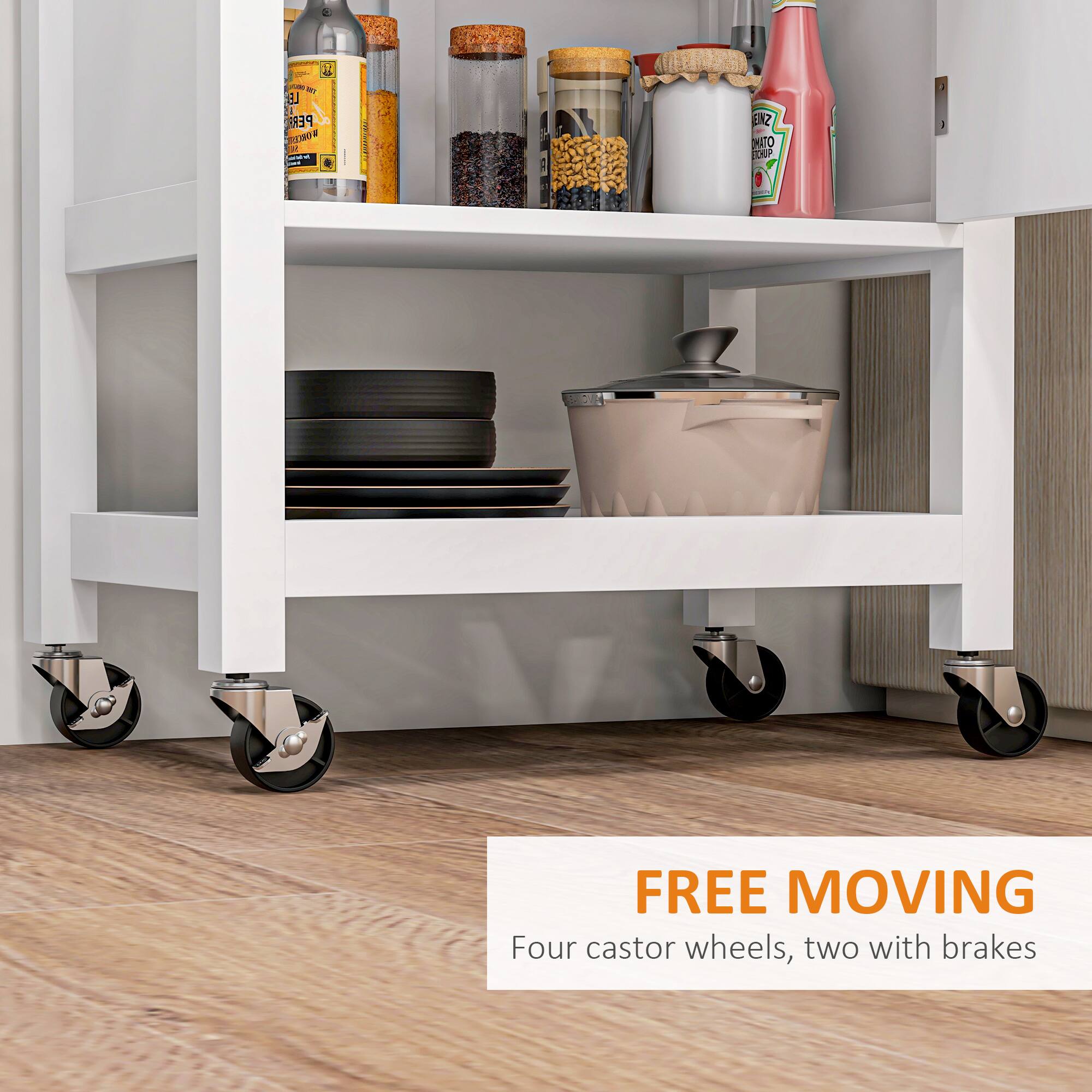 FREE MOVING Four castor wheels, two with brakes