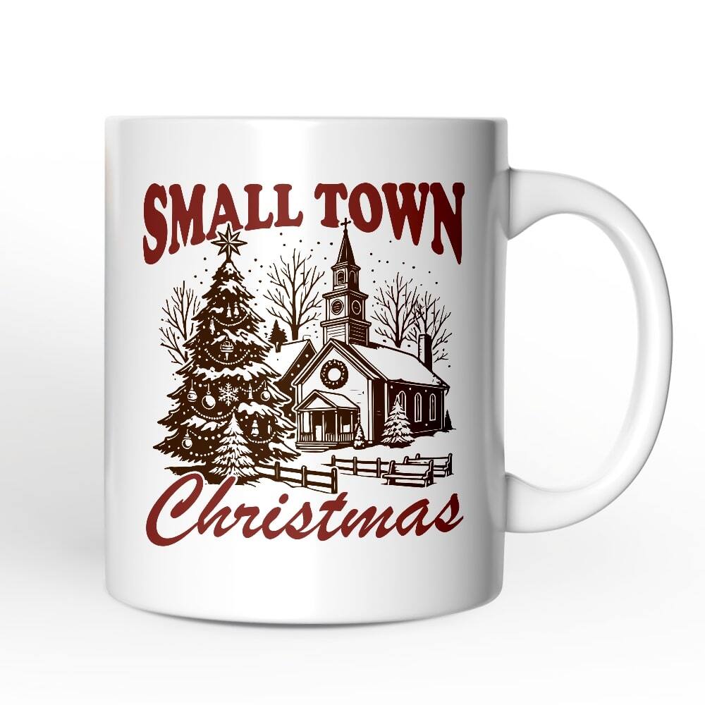 OrnamentallyYou - Small Town Christmas Vintage Mug, Rustic Winter Church Gift - White