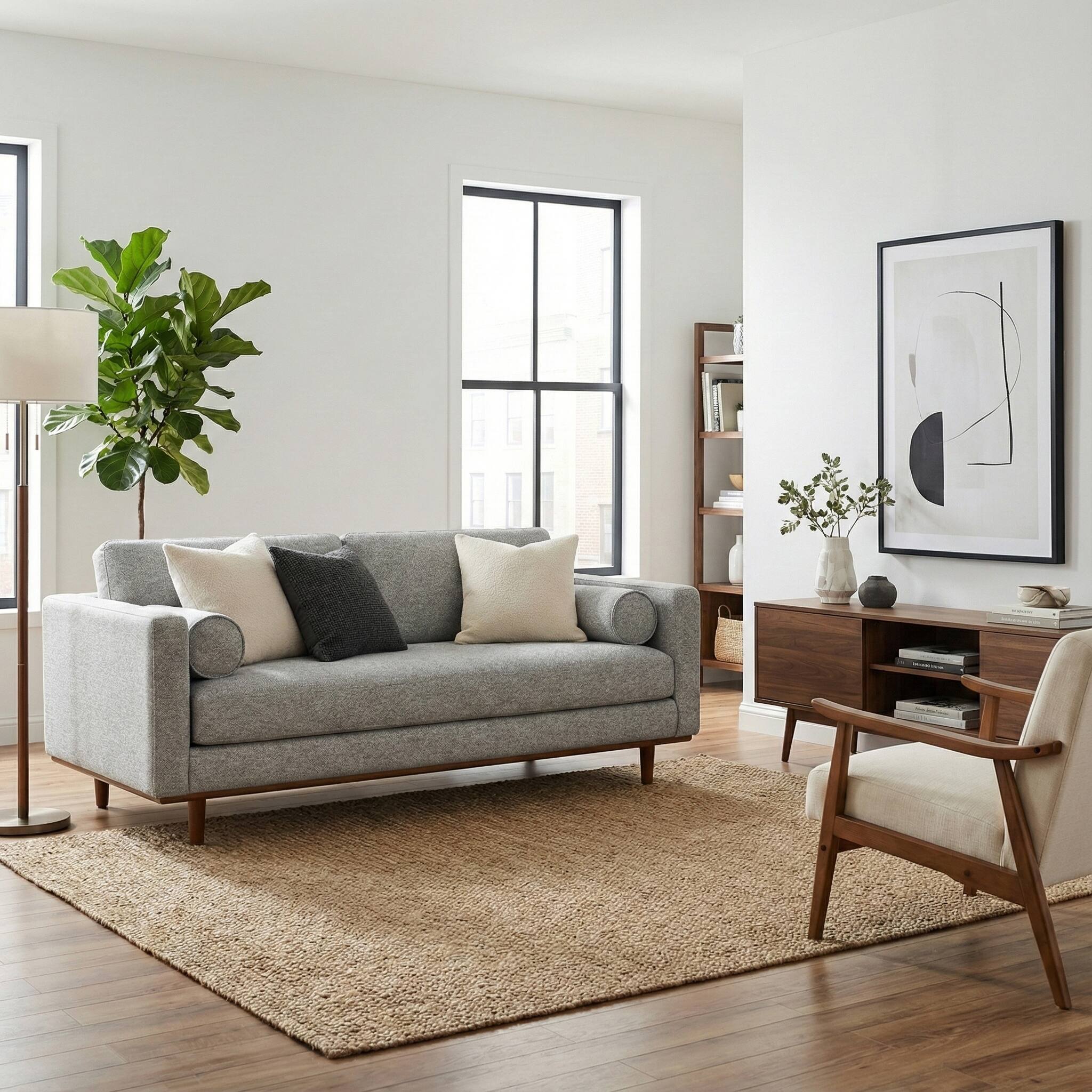 Angle. Simpli Home - Morrison 72 inch Wide Mid-Century Modern Loveseat Sofa in Mist Grey Woven-Blend Fabric - Mist Grey.
