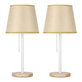 Oumilen - Wooden Base Table Lamp with Beige Fabric Shade, Pull Chain Switch & UL Plug