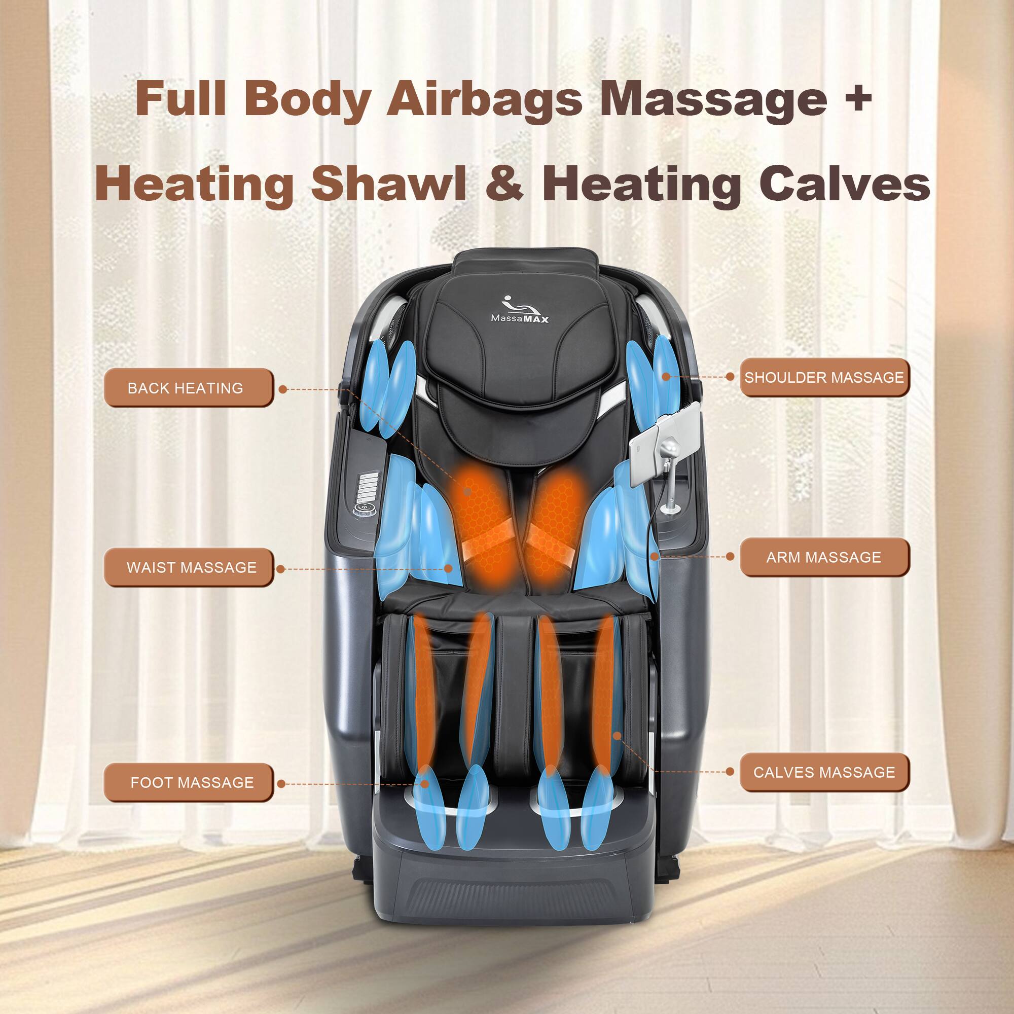Full Body Airbags Massage + Heating Shawl & Heating Calves

- BACK HEATING
- WAIST MASSAGE
- FOOT MASSAGE
- SHOULDER MASSAGE
- ARM MASSAGE
- CALVES MASSAGE