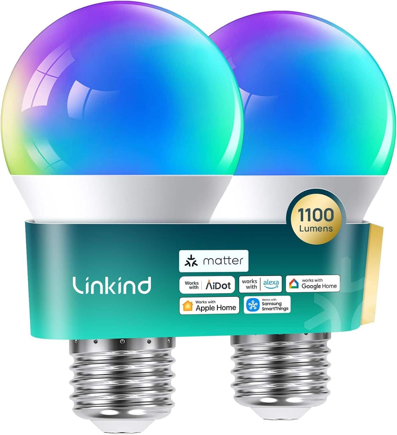 Linkind - A19 Matter Smart Light Bulb, 1100lm RGBTW (2 Pack) - Multicolor
