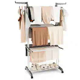 Gymax - 3-tier Folding Clothes Drying Rack w/ Rotatable Side Wings & Collapsible Shelves - Gray