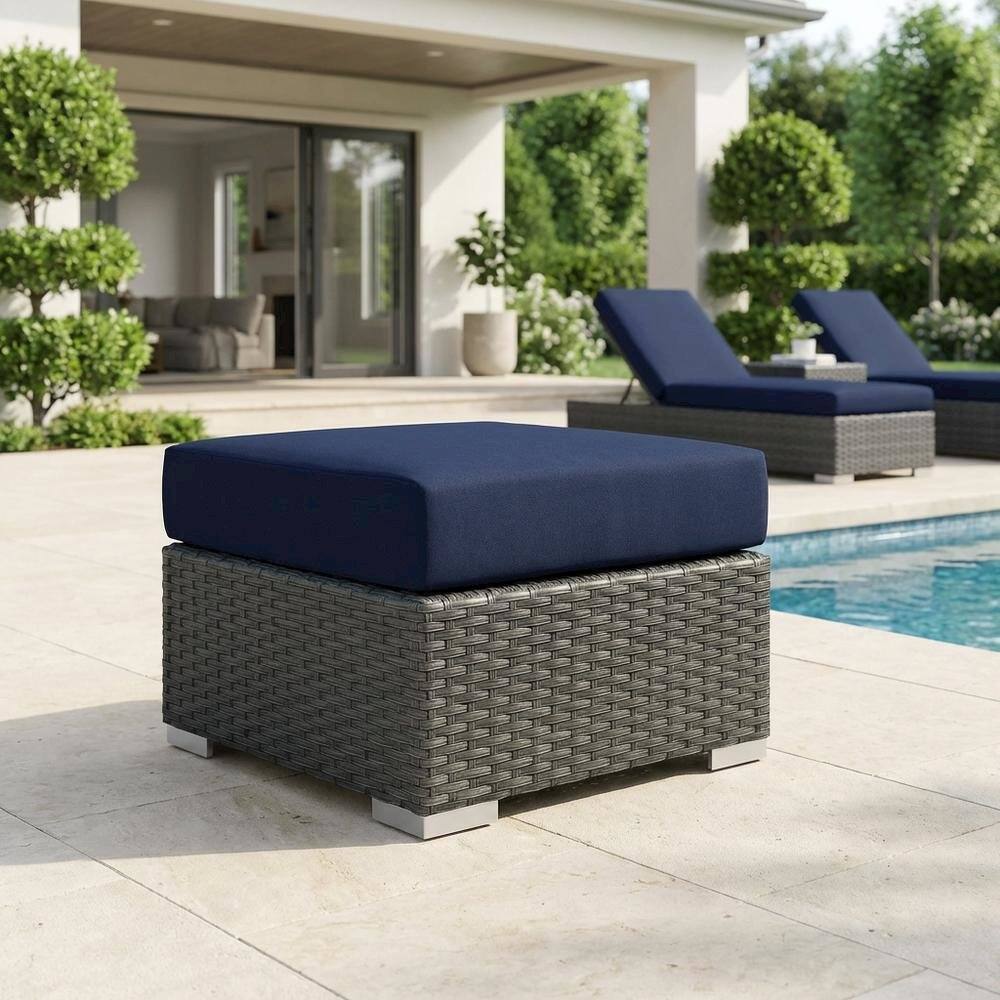 Left. Outdoor Escape - Stylish Outdoor Ottoman with Durable Fabric and Comfortable Design - Blue.