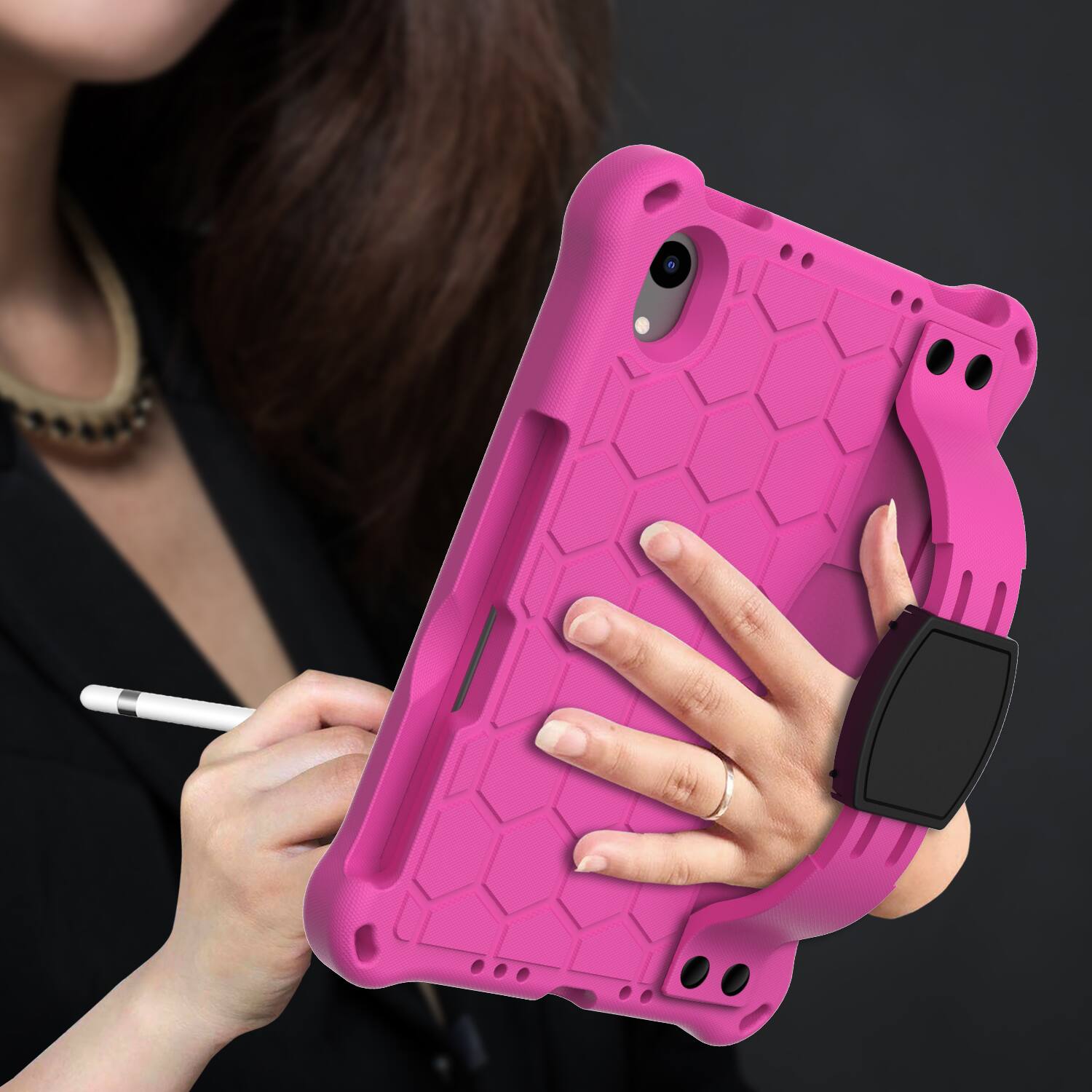 Back. UUCOVER - Kids Case for iPad mini A17 Pro 2024/iPad mini 6th Gen 8.3-inch 2021 Shockproof EVA+TPU Stand Cover with Shoulder Strap - Rose.