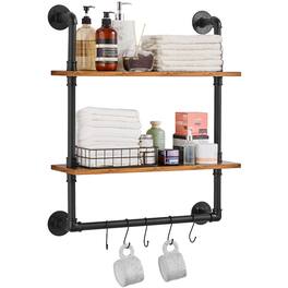 VEVOR - Industrial Pipe Shelf, 2 Tier 24x7.87in, Wall-Mount Floating Rustic Wood Shelves Bracket Display Bookshelf - Black + vintage color