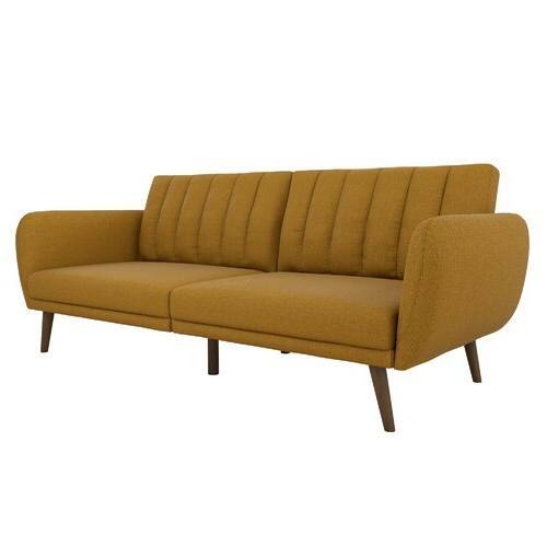 Angle. Hivvago - Mustard Linen Upholstered Futon Sofa Bed with Mid-Century Style Wooden Legs - Mustard.