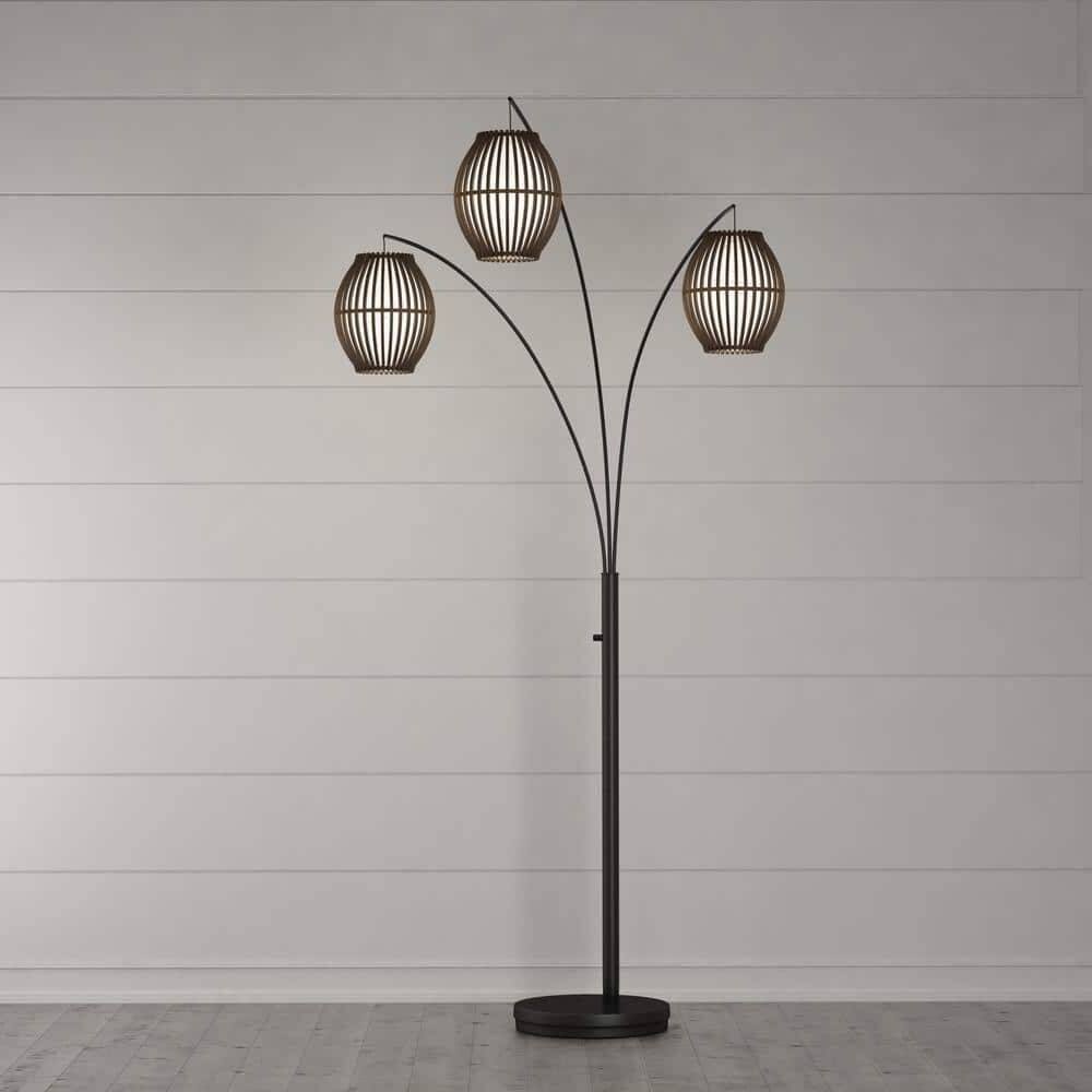 Back. Hivvago - Modern Mid-Century Bohemian 82-inch Arch Floor Lamp with 3 Barrel Lights - Antique-Bronze Metal Finish.