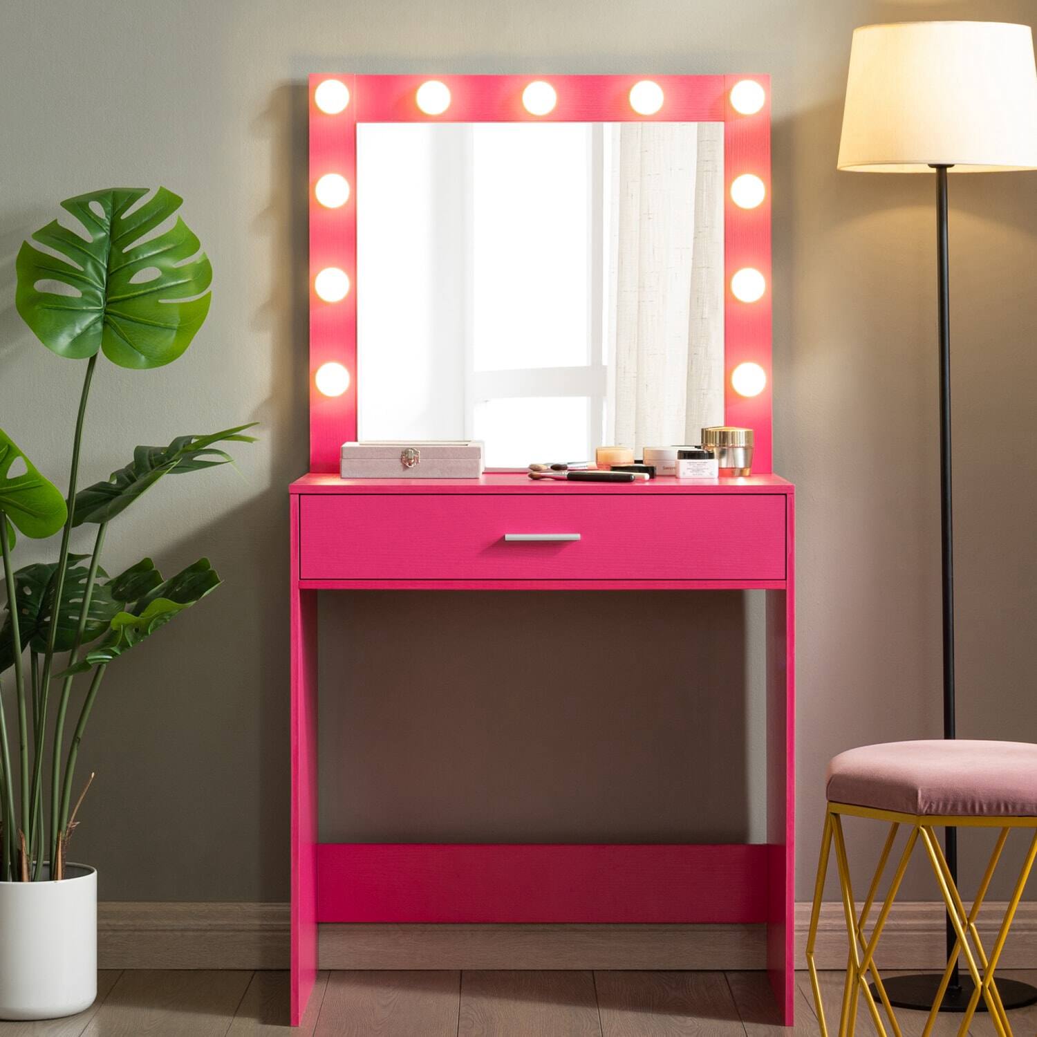 Lirago - Pink Wood Dressing Table with Mirror Lights 16”D x 28”W x 53”H Dresser Desk 3 Lighting Modes - Pinck