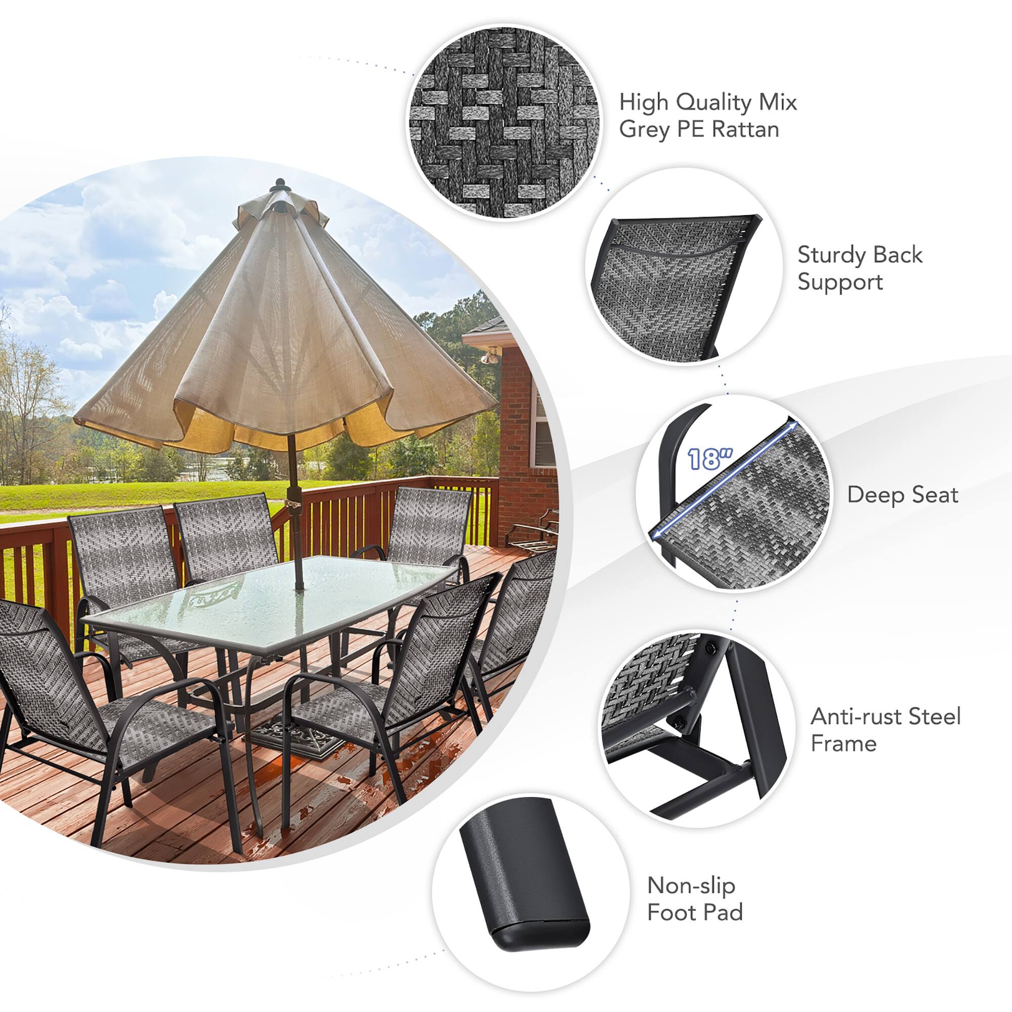 - High Quality Mix Grey PE Rattan
- Sturdy Back Support
- 18" Deep Seat
- Anti-rust Steel Frame
- Non-slip Foot Pad