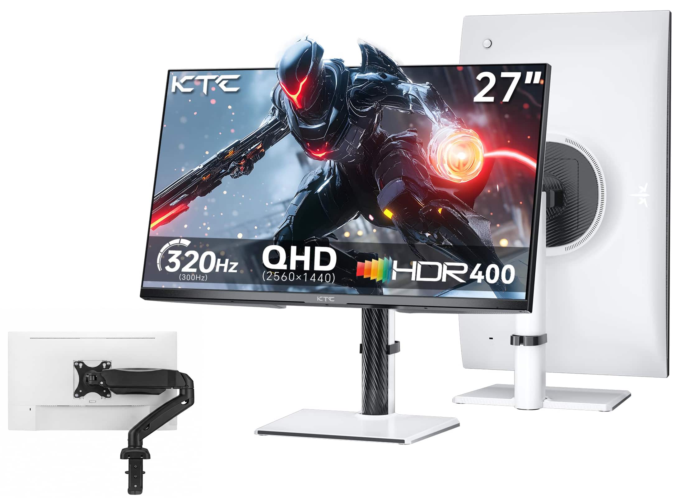 KTC - H27E6 27" Gaming Monitor & Single Monitor Arm, 300Hz/320Hz Fast IPS, 2K QHD 1440P, HDR 400, HDMI&DP, Adaptive FreeSync - White