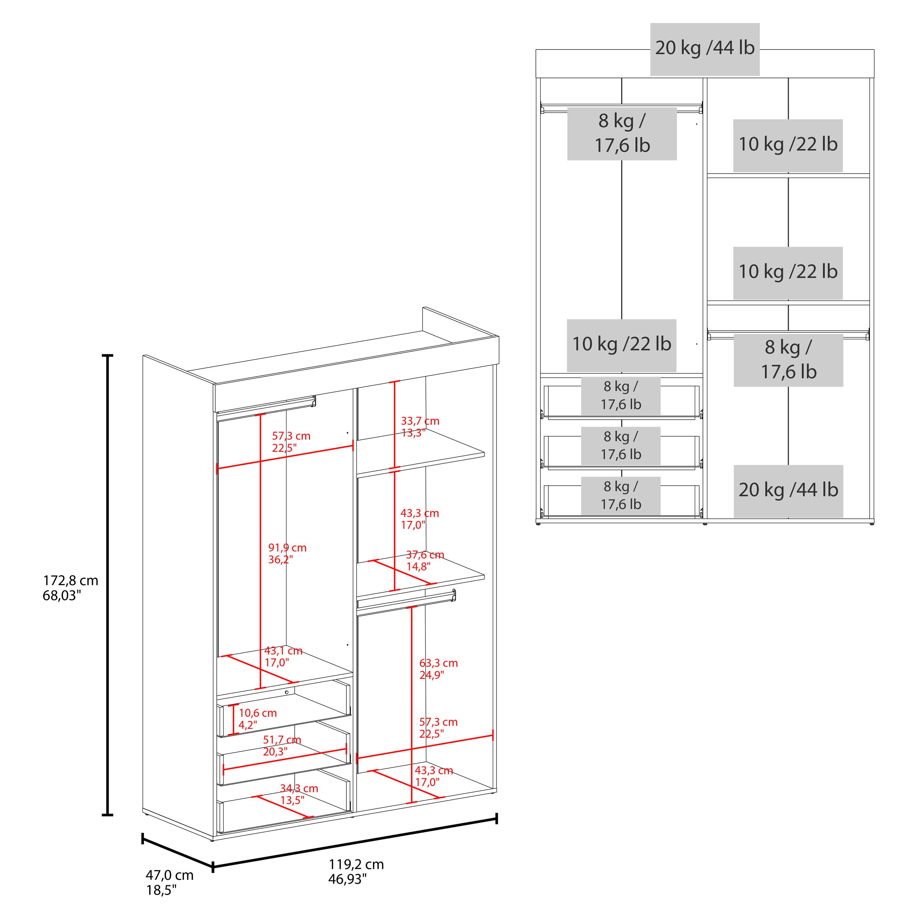 Sure, here is the corrected and grouped text from the image:

- **Weight Capacity:**
  - 20 kg / 44 lb
  - 8 kg / 17.6 lb
  - 10 kg / 22 lb

- **Dimensions:**
  - 172.8 cm / 68.03"
  - 47.0 cm / 18.5"
  - 119.2 cm / 46.93"
  - 57.3 cm / 22.5"
  - 33.7 cm / 13.3"
  - 43.3 cm / 17.0"
  - 36.2 cm / 14.2"
  - 10.6 cm / 4.2"
  - 51.7 cm / 20.3"
  - 34.3 cm / 13.5"
  - 63.3 cm / 24.9"
  - 52.3 cm / 20.6"
  - 43.3 cm / 17