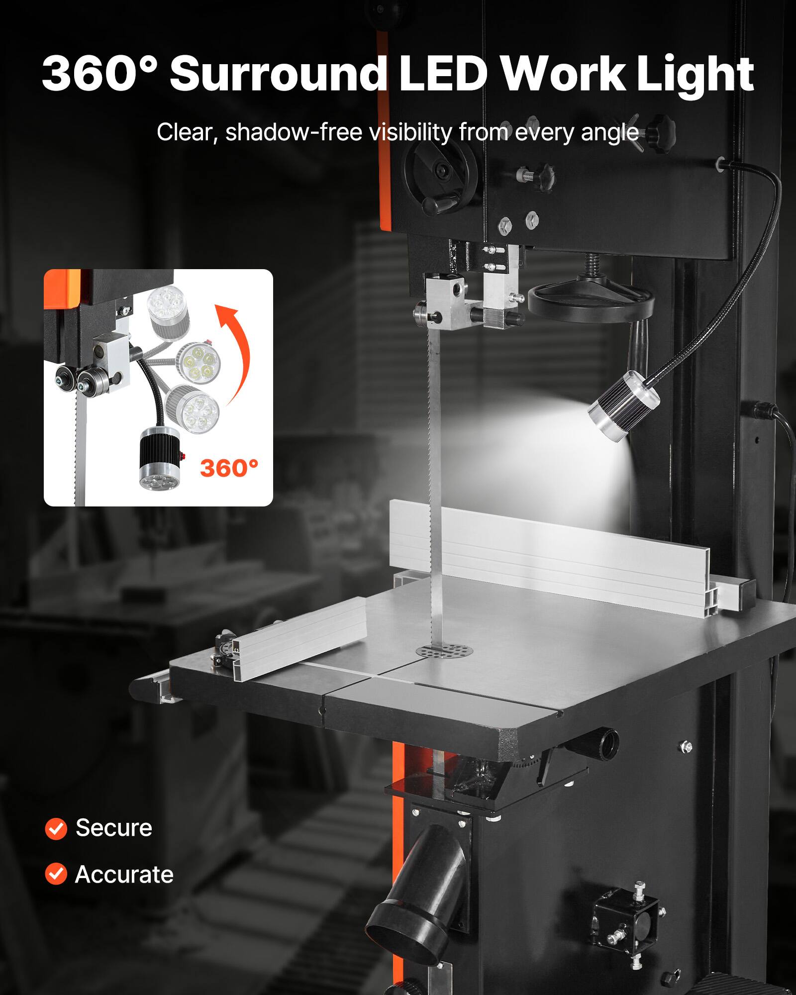 360° Surround LED Work Light  
Clear, shadow-free visibility from every angle

Secure  
Accurate