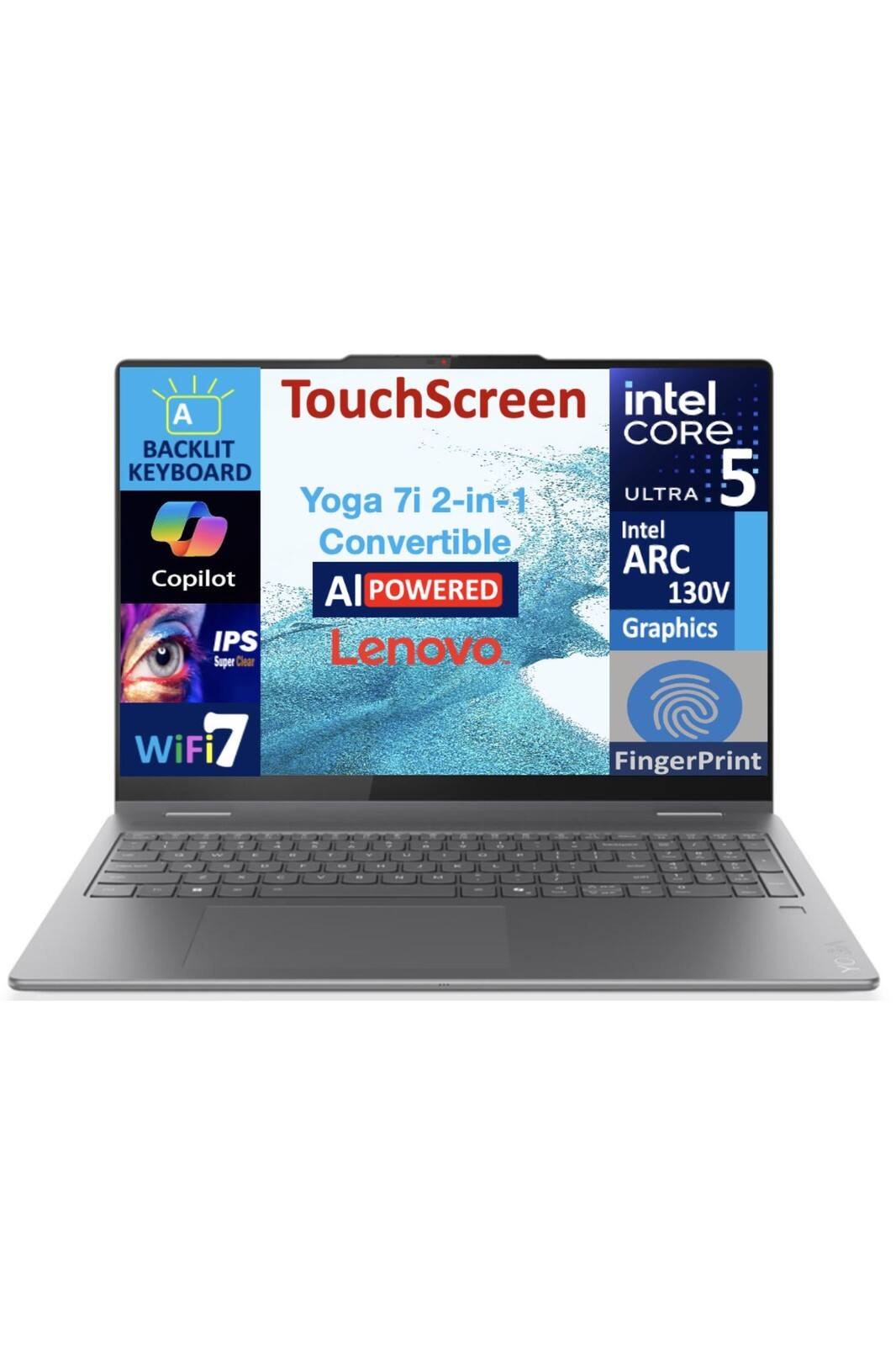 A TouchScreen intel CORE BACKLIT KEYBOARD 5 7i 2-in-1 ULTRA Yoga / Intel Convertible ARC Copilot Al POWERED 130V IPS Graphics Super Clear Lenovo. WiFi 77 FingerPrint