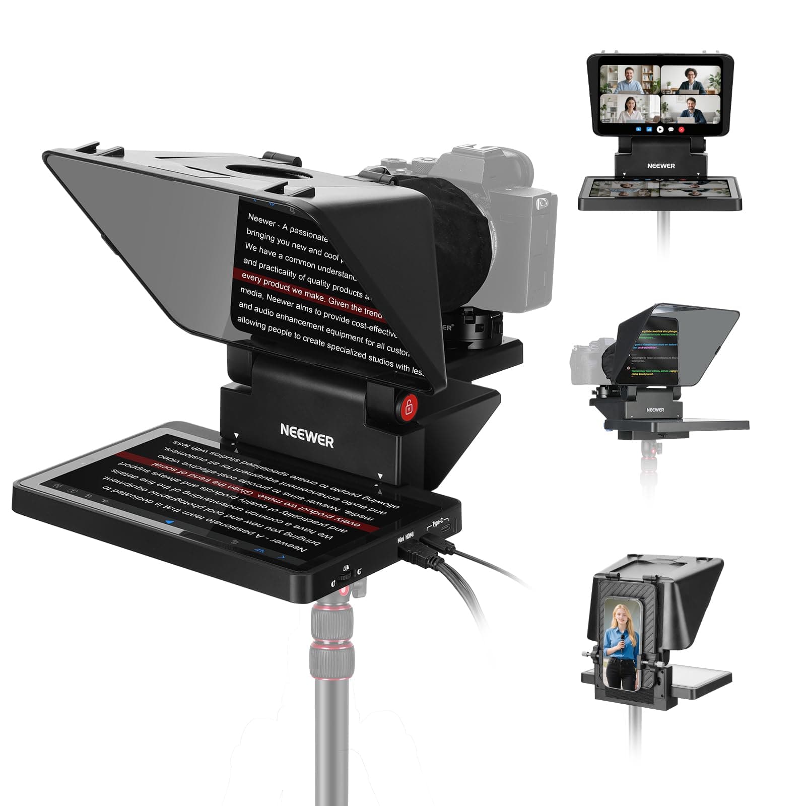 Neewer - 2-in-1 11" Teleprompter with Monitor - Screen Mirroring for Camera, Phone & Webcam Streaming - Black
