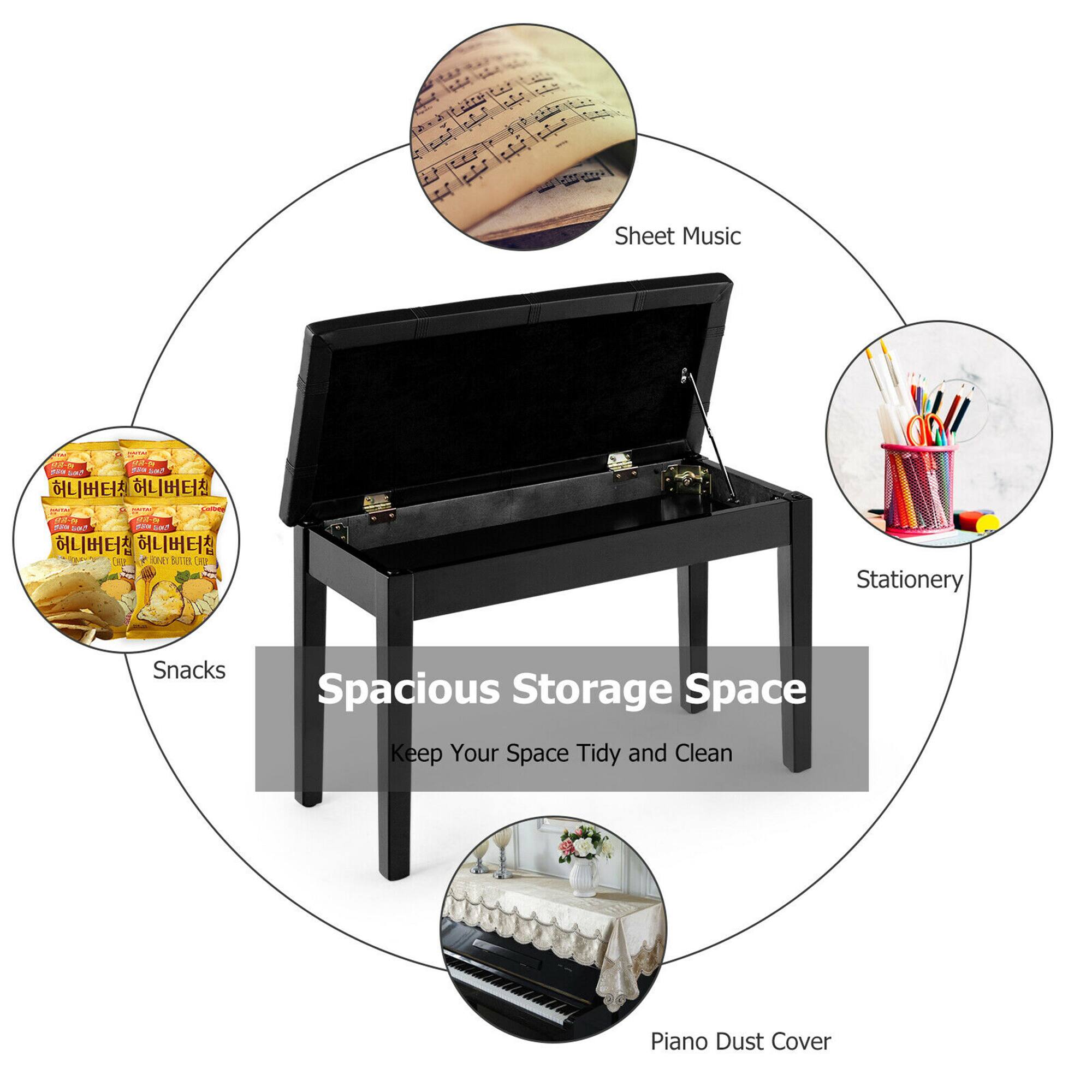 Spacious Storage Space  
Keep Your Space Tidy and Clean  

- Sheet Music  
- Stationery  
- Snacks  
- Piano Dust Cover