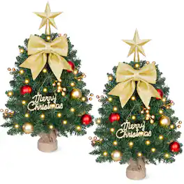 Wisairt - 24" Mini Christmas Trees, 2-Pack Artificial Tabletop Trees with Ornaments, Bows & Berries, Indoor Holiday Decor - Green
