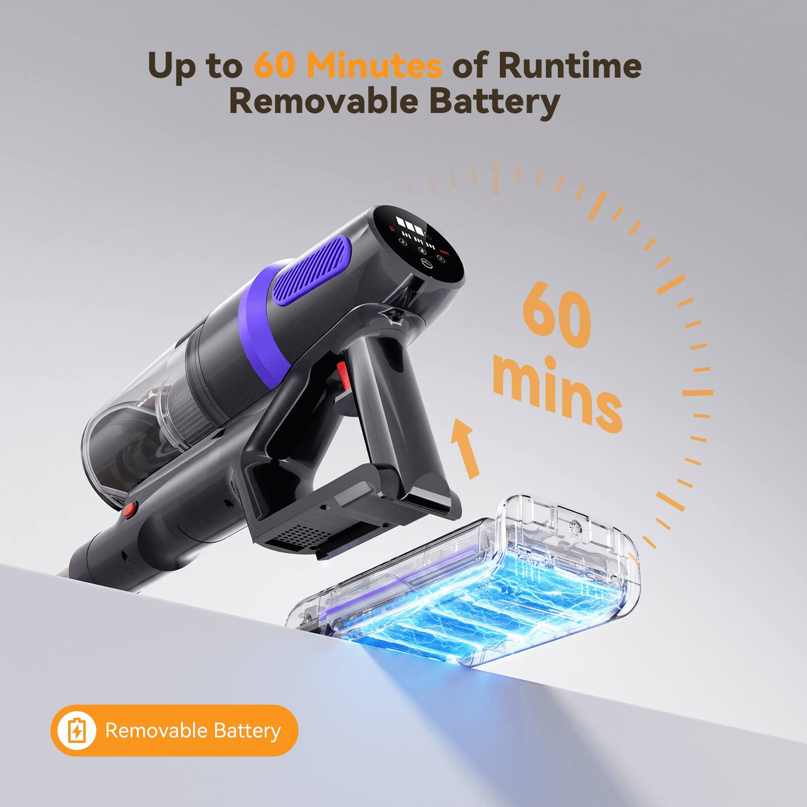 Up to 60 Minutes of Runtime  
Removable Battery  

60 mins  

Removable Battery