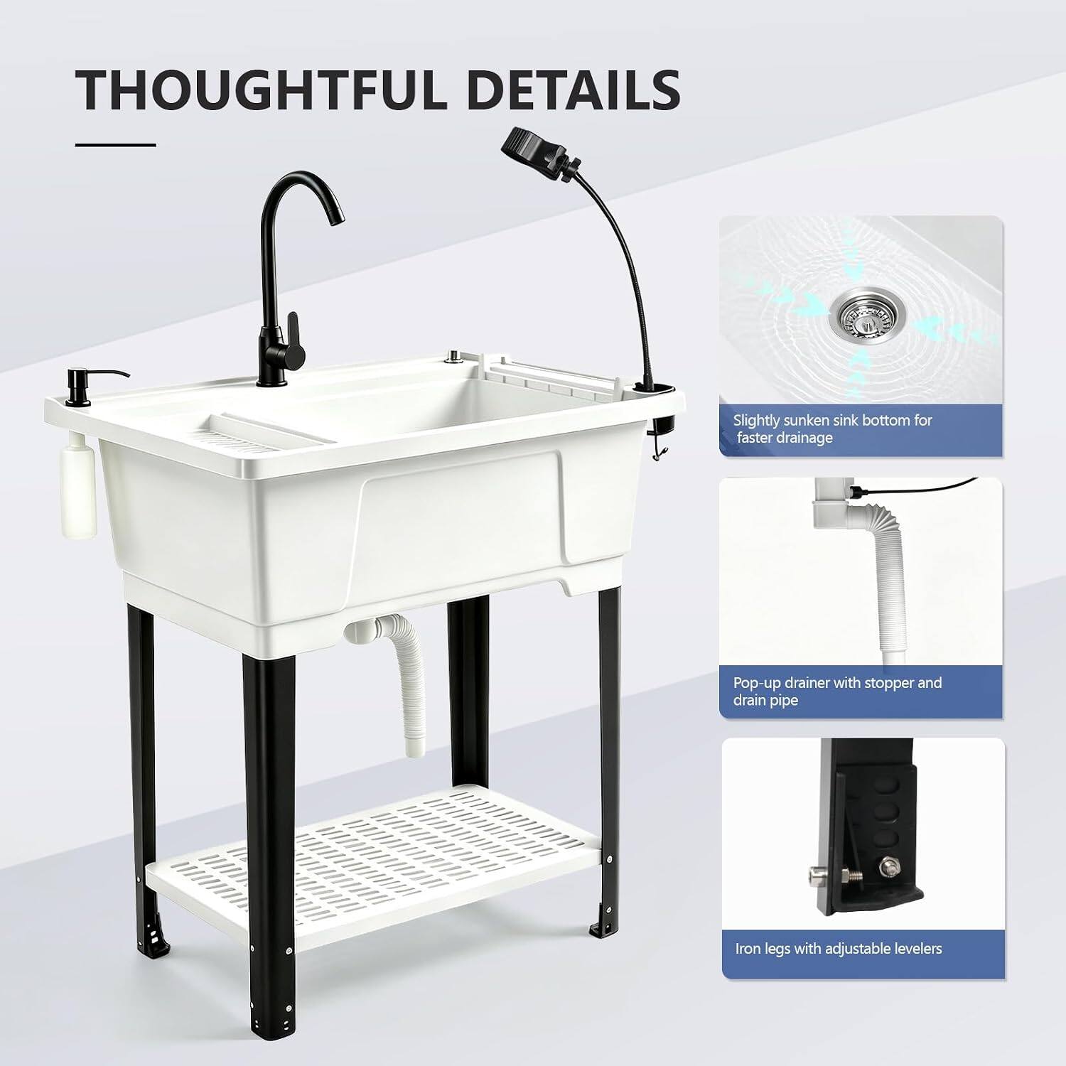 THOUGHTFUL DETAILS

- Slightly sunken sink bottom for faster drainage
- Pop-up drainer with stopper and drain pipe
- Iron legs with adjustable levelers
