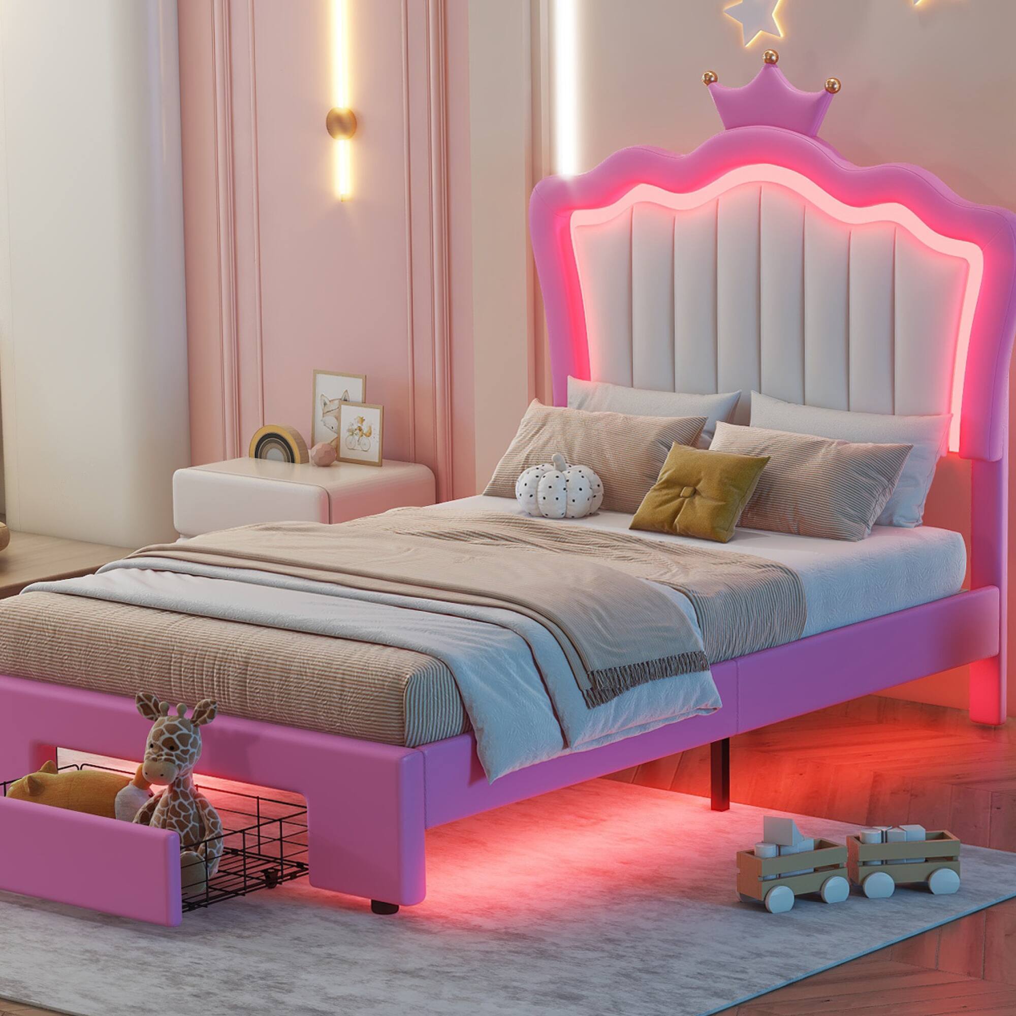 Alt View 7. GOODSILO - Twin Size Upholstered Platform Bed with LED Lighting and Storage Drawer, Modern Crown Headboard Design for Bedroom Decor - Pink+White.