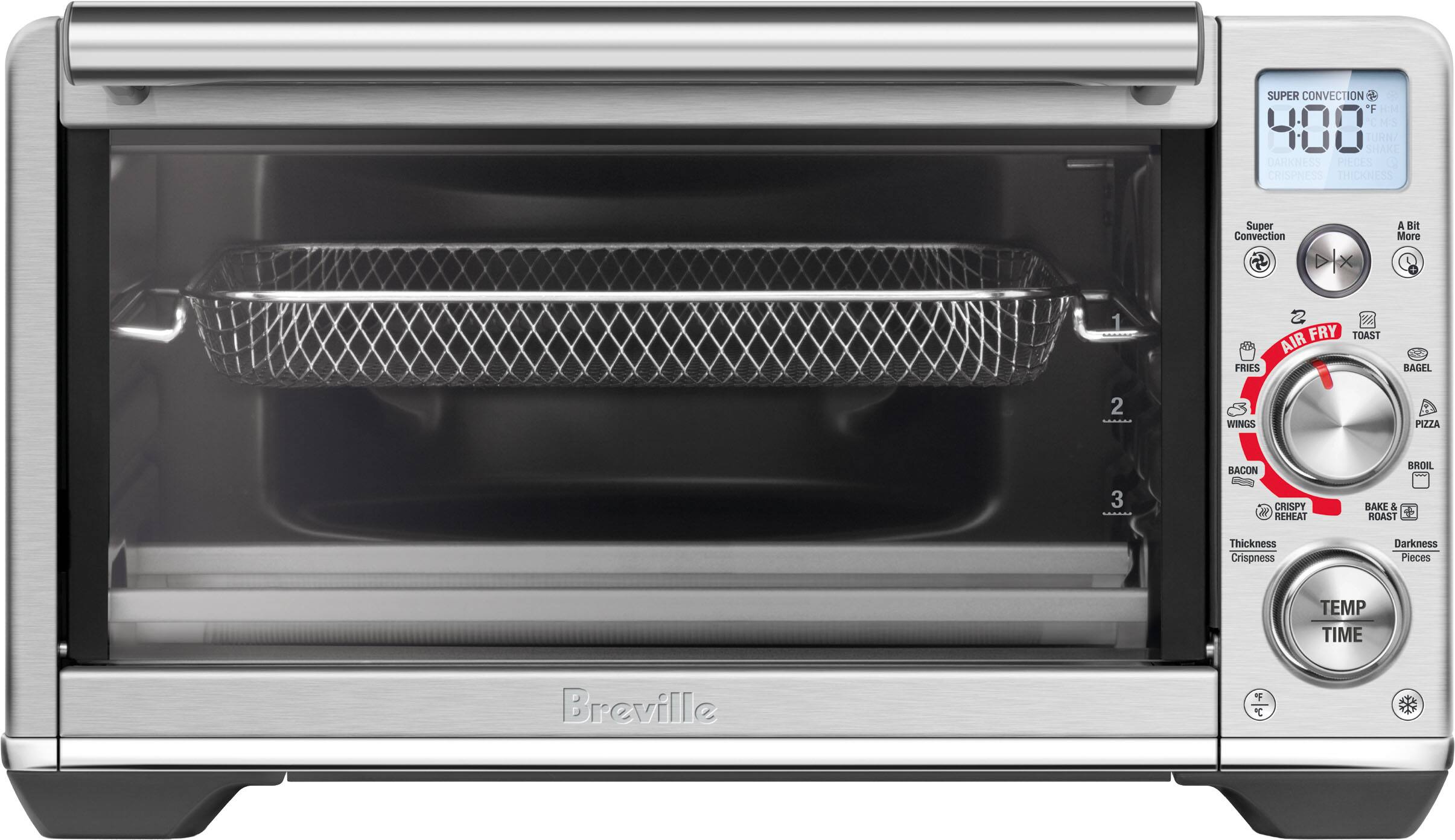 Sure, here is the corrected and grouped text from the image:

---

**Super Convection**

- **F** HM CHS 400 SHAKE TURN/ DARKNESS PIECES e CRISPNESS THICKNESS
- Super Convection
- A Bit More
- 1 FRIES
- 2 FRY TOAST AIR BAGEL
- 3 CRISPY M REHEAT BAKL & ROAST
- Thickness Crispness Darkness Pieces
- TEMP TIME

**Breville**

---

**Super Convection**

- **F** HM CHS 400 SHAKE TURN/ DARKNESS PIECES e CRISPNESS THICKNESS
- Super Convection
- A Bit More
- 1 FRIES
- 2 FRY TOAST AIR BAGEL
- 3 CRISPY M REHEAT BAKL & ROAST
- Thickness Crispness Darkness Pieces
- TEMP TIME

**Breville**