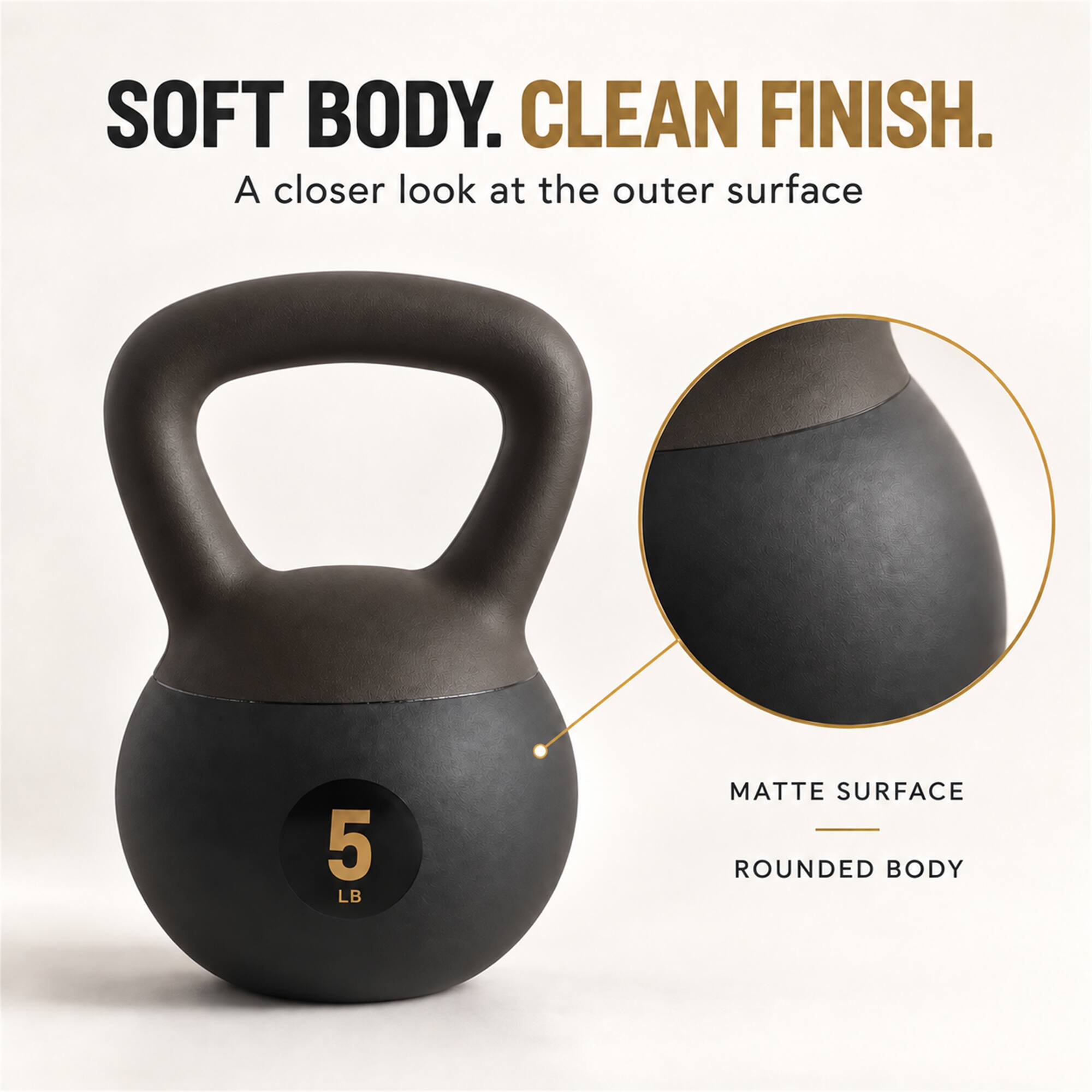 SOFT BODY. CLEAN FINISH.  
A closer look at the outer surface

5 LB

MATTE SURFACE  
ROUNDED BODY