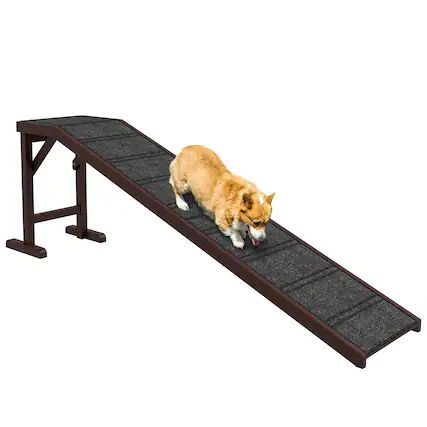 Front. TinyHomie - PawHut 74x16x25 Dog Ramp Non-Slip Carpet Brown - Brown.