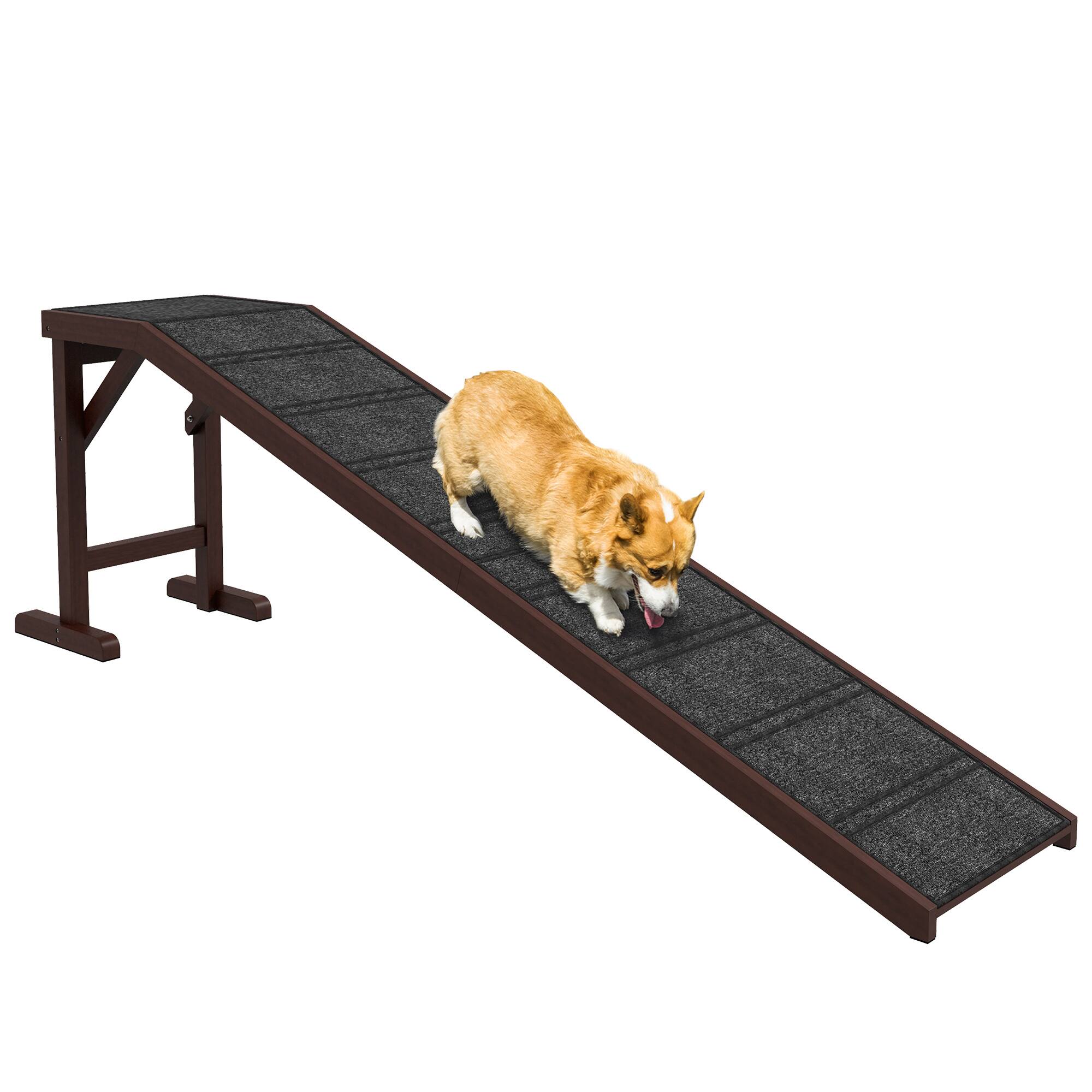 Front. TinyHomie - PawHut 74x16x25 Dog Ramp Non-Slip Carpet Brown - Brown.