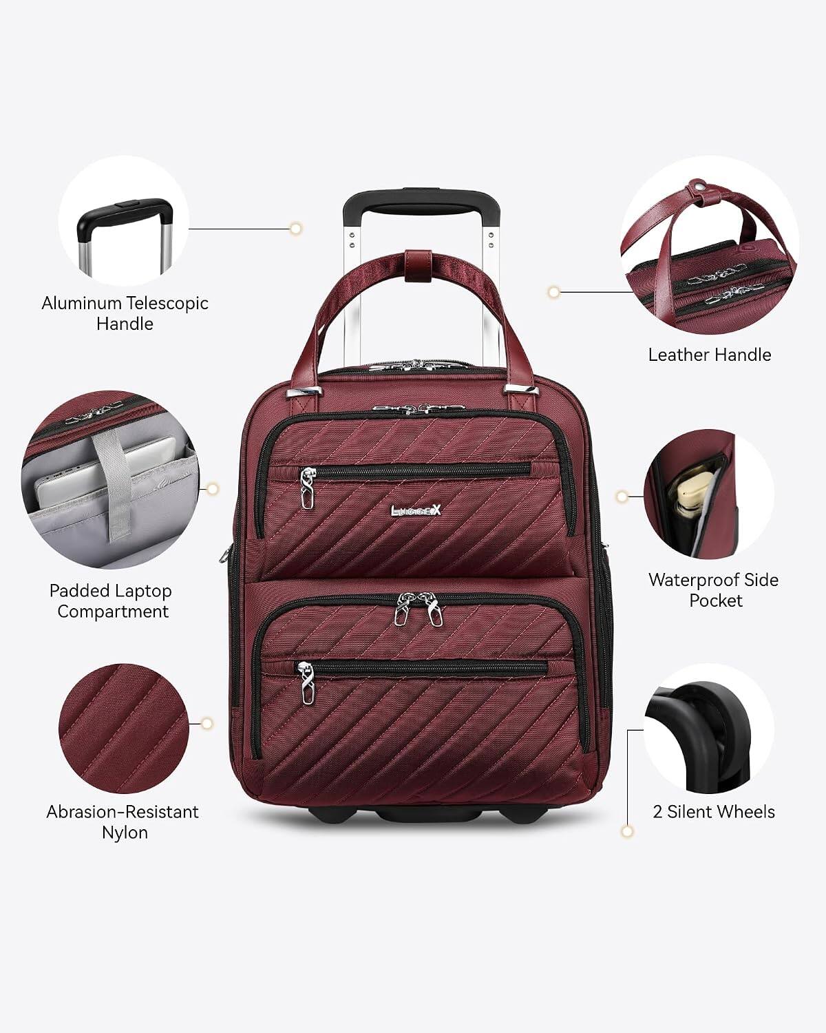 Aluminum Telescopic Handle  
Leather Handle  
Padded Laptop Compartment  
Waterproof Side Pocket  
Abrasion-Resistant Nylon  
2 Silent Wheels