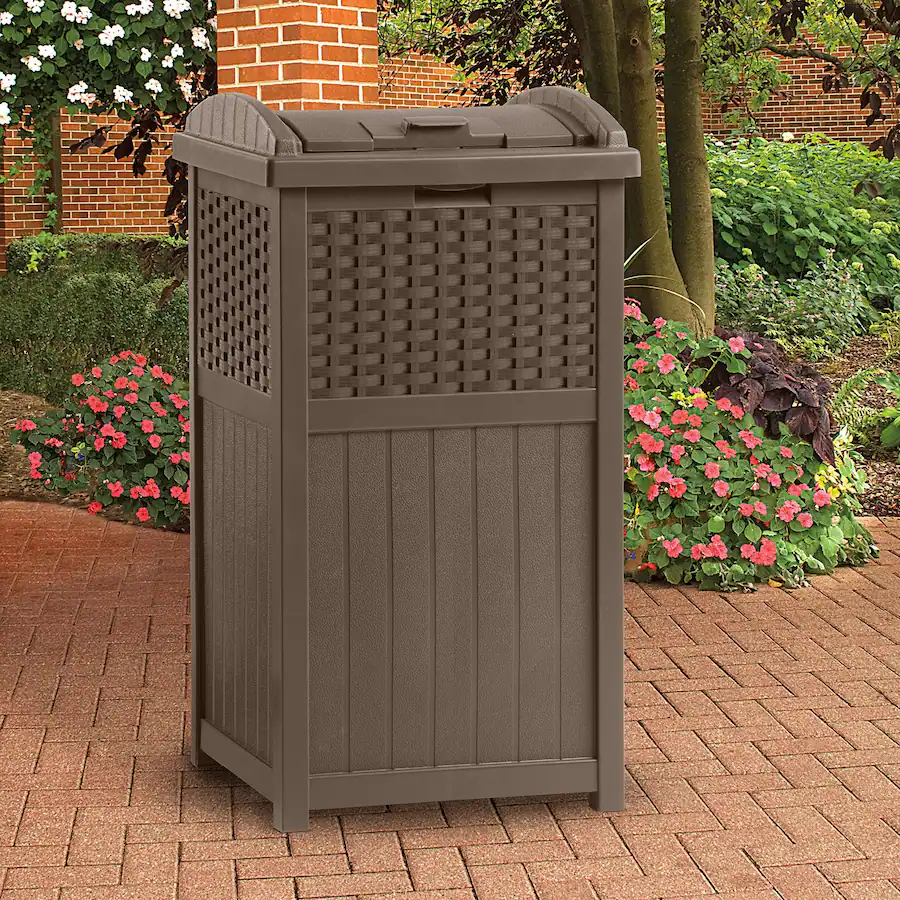 Suncast 73 Gallon Deck Box & Wicker Trash Hideaway Outdoor Garbage Bin ...