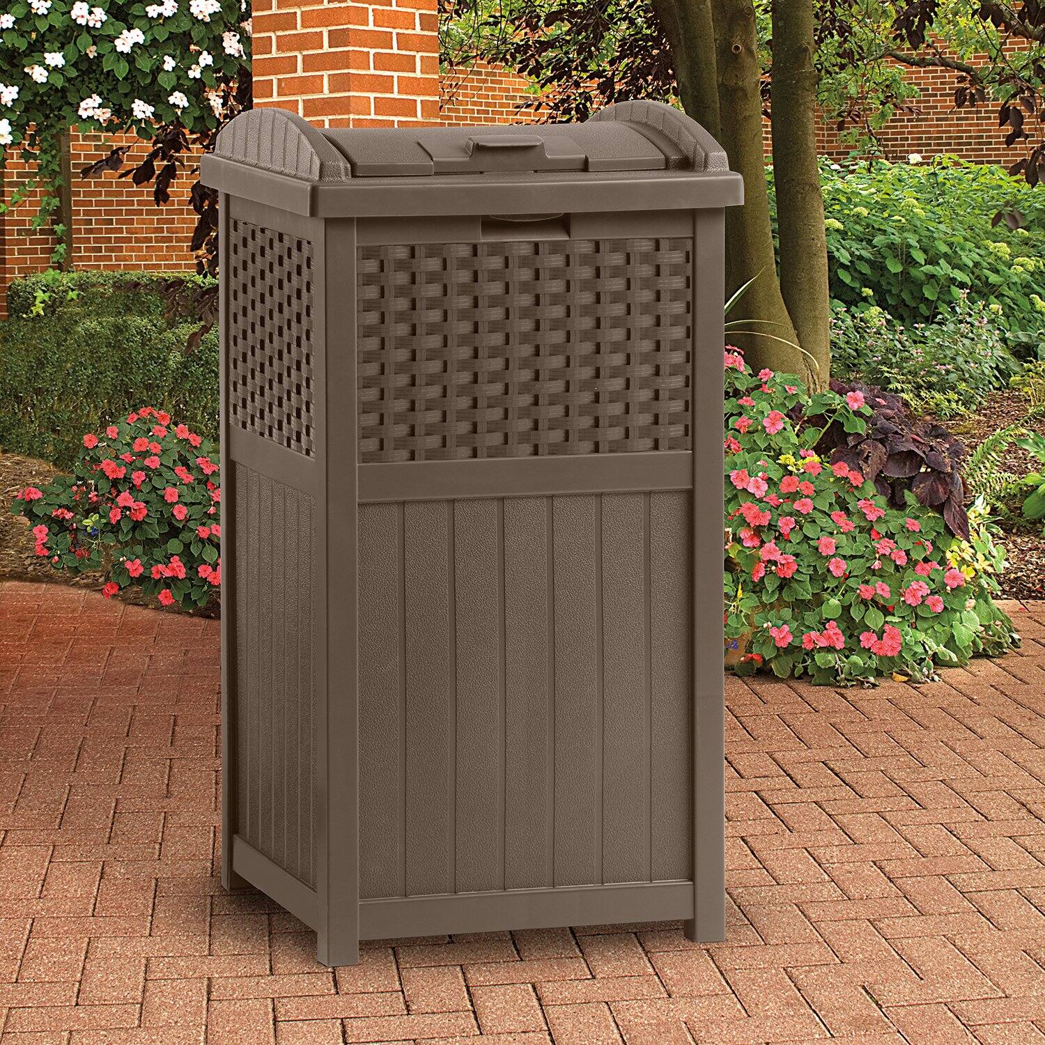 Suncast 73 Gallon Deck Box & Wicker Trash Hideaway Outdoor Garbage Bin ...