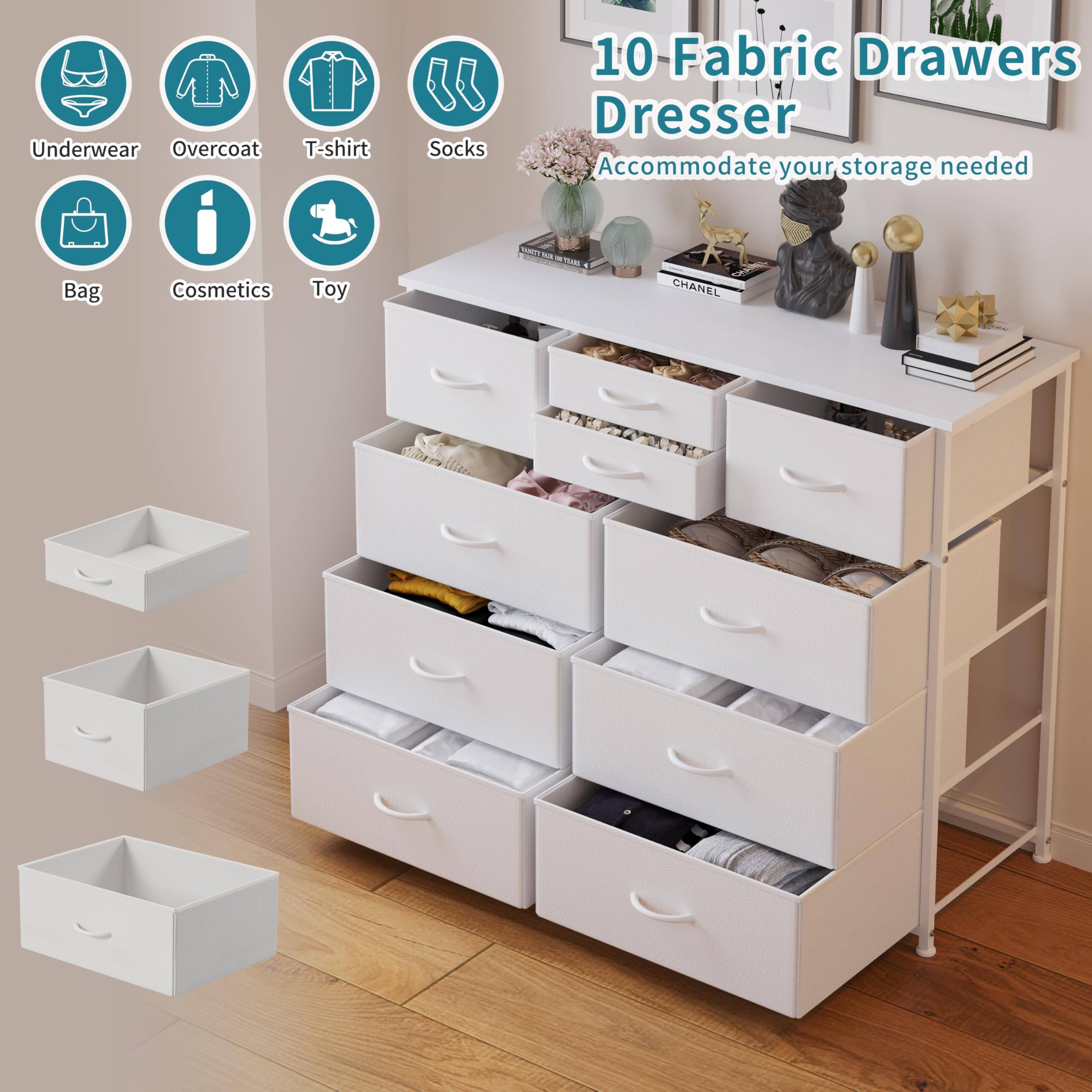 10 Fabric Drawers Dresser  
Accommodate your storage needed  

Underwear  
Overcoat  
T-shirt  
Socks  
Bag  
Cosmetics  
Toy