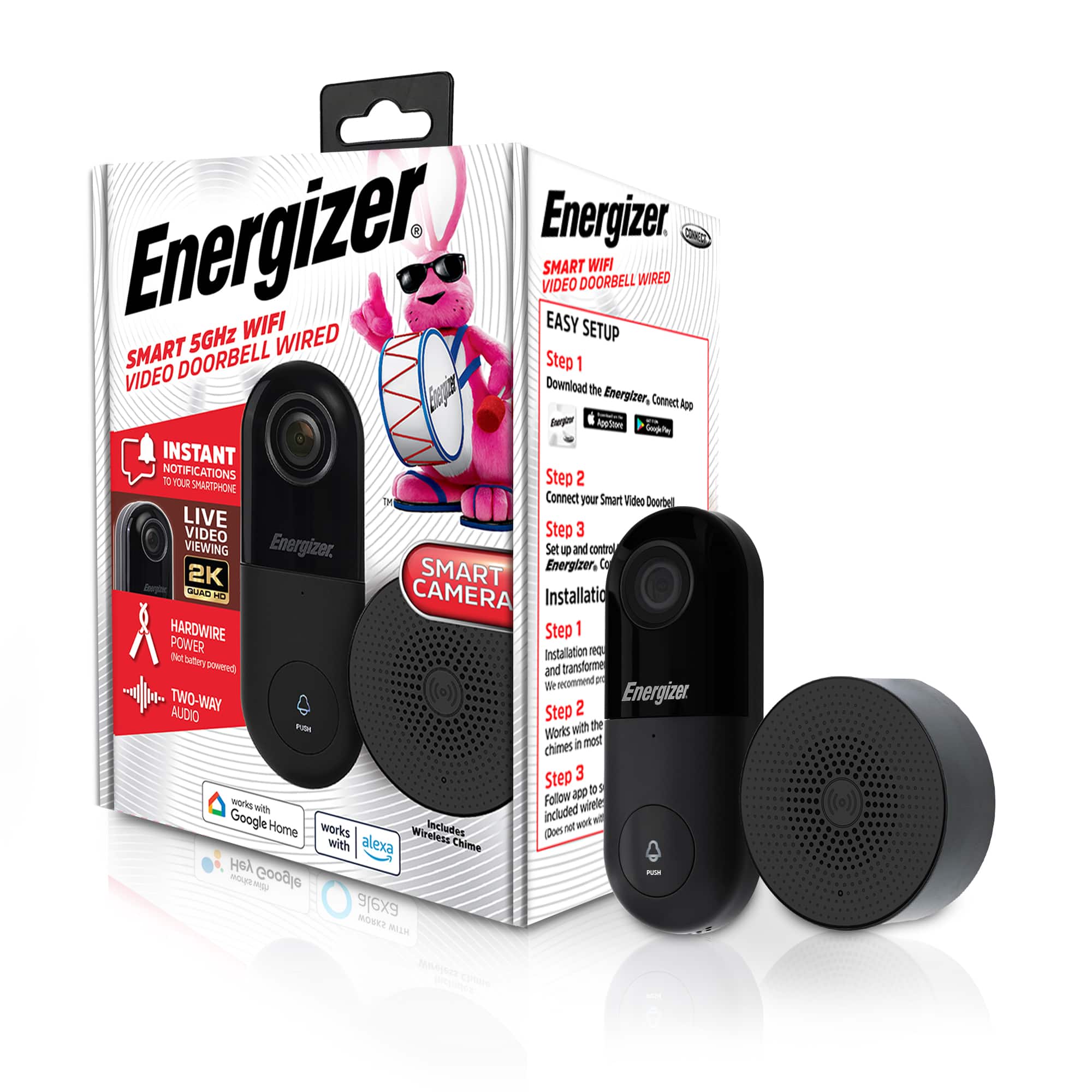 Energizer - Connect Smart 2K Doorbell & Chime, Wired Video Doorbell Security Camera, 2-Way Audio, Night Vision - Black