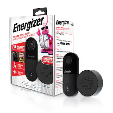 Energizer Smart 5GHz WiFi Video Doorbell Wired
- Instant Notifications to Your Smartphone
- Live Viewing
- 2K Smart Camera
- Hardwire Power (Battery Powered)
- Two-Way Audio
- Works with Google Home
- Works with Alexa
- Includes Wireless Chime
Easy Setup:
Step 1: Download the Energizer Connect App
Step 2: Connect your Smart Video Doorbell
Step 3: Installation
Step 1: Installation Required
Step 2: Works with the Chimes in most homes
Step 3: Follow app to set up and control Energizer, Co
Works with Google Home and Alexa