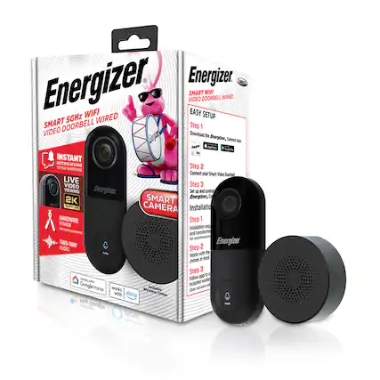 Energizer Smart 5GHz WiFi Video Doorbell Wired
- Instant Notifications to Your Smartphone
- Live Viewing
- 2K Smart Camera
- Hardwire Power (Battery Powered)
- Two-Way Audio
- Works with Google Home
- Works with Alexa
- Includes Wireless Chime
Easy Setup:
Step 1: Download the Energizer Connect App
Step 2: Connect your Smart Video Doorbell
Step 3: Installation
Step 1: Installation Required
Step 2: Works with the Chimes in most homes
Step 3: Follow app to set up and control Energizer, Co
Works with Google Home and Alexa