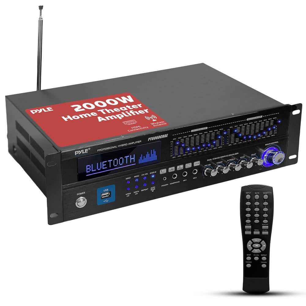 PYLE 2000W Home Theater Amplifier  
Professional Hybrid Amplifier  
Bluetooth  
HDMI Connectivity  
PTGOGOGHAE  
PYLE PROFESSIONAL BLUETOOTH  
USB  
POWER