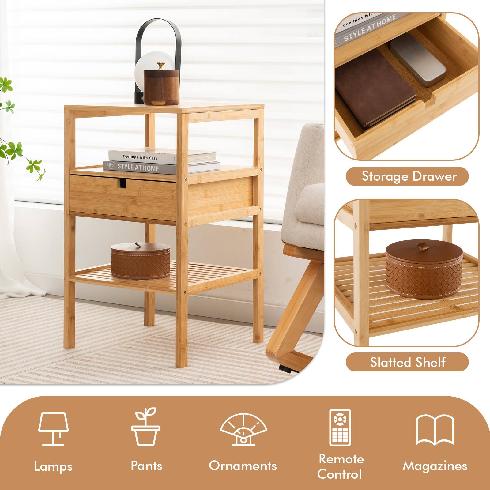 WITH Feelings AT HOME STYLE  
Feelings With Cats STYLE AT HOME  
Storage Drawer  
Slatted Shelf  
Lamps  
Pants  
Ornaments  
Remote Control  
Magazines