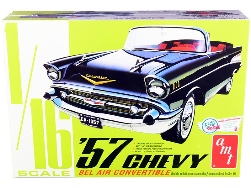 Sure, here is the corrected and grouped text from the image:

---

**Front of the Box:**

- **Scale:** 1/16
- **Model:** 57 Chevy Bel Air Convertible
- **Features:**
  - Opening doors and hood
  - Vinyl hoses and wiring
  - Stock version plus custom parts
  - Model 12" long assembled
- **Model réduit pour assembler / Unassembled hobby kit**
- **Retro Deluxe**
- **AMT**

**Side of the Box:**

- **Chevrolet**
- **CV-1957**
- **Michigan 57**
- **1/16 Scale**

**Back of the Box:**

- **HLAPPEMP WS**
- **Chevrolet 1957**
- **Featuring CV-1957**
- **Ratios Deluxe**
- **6 57 Chevy Model Stock Vintage**
- **Opening Moses 12 Version Plong Doors and Plus Assembled and Wiring Custom Hood Parts**

---

This text is grouped and corrected for clarity.