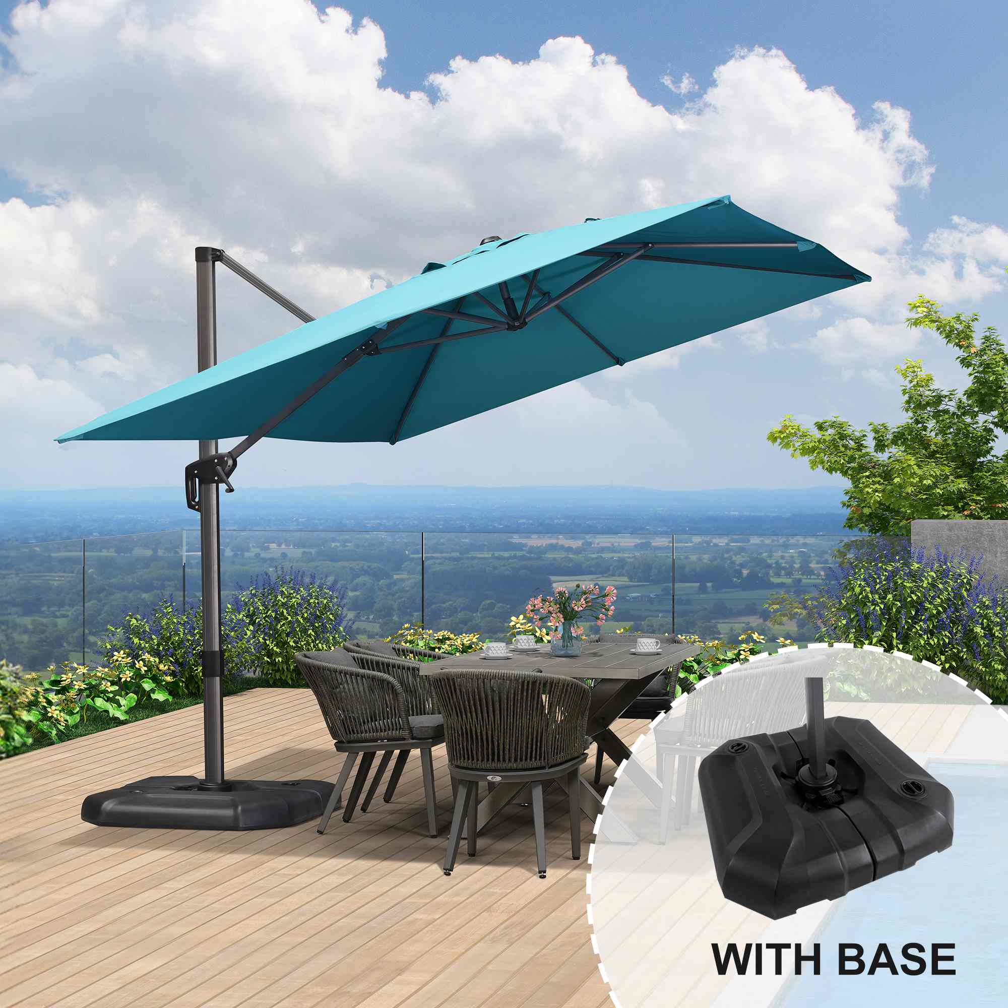 PURPLE LEAF - 9' X 11.5' Aluminum Outdoor Patio Cantilever Umbrella Offset 360° Rotation Umbrella with Base for Garden Deck Pool - Turquoise Blue