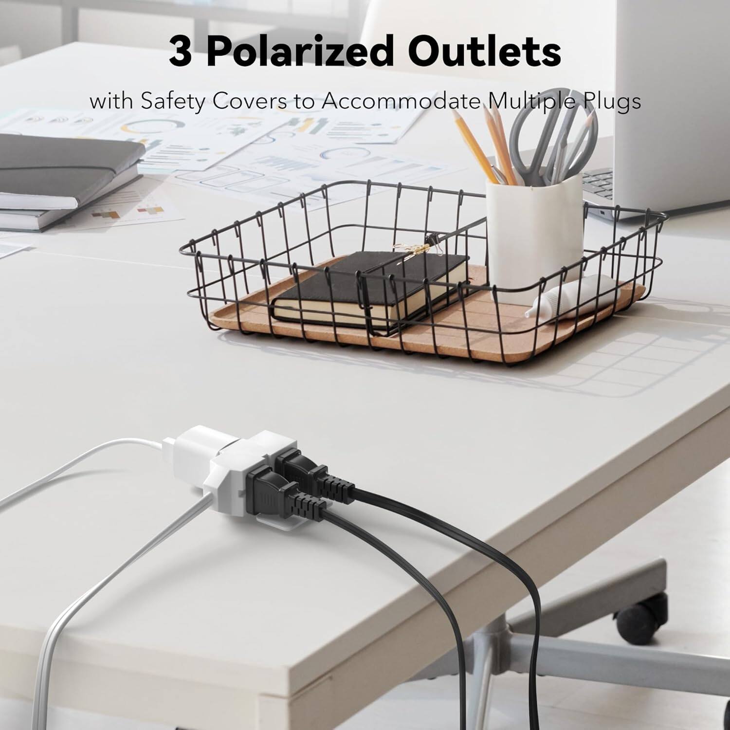 3 Polarized Outlets with Safety Covers to Accommodate Multiple Plugs