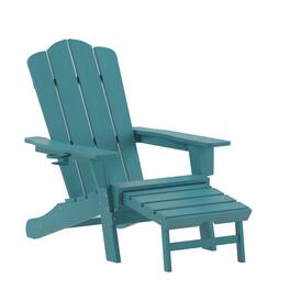 Emma + Oliver - Tiverton Adirondack Chair with Cup Holder and Pull Out Ottoman, All-Weather HDPE Indoor/Outdoor Lounge Chair - Blue