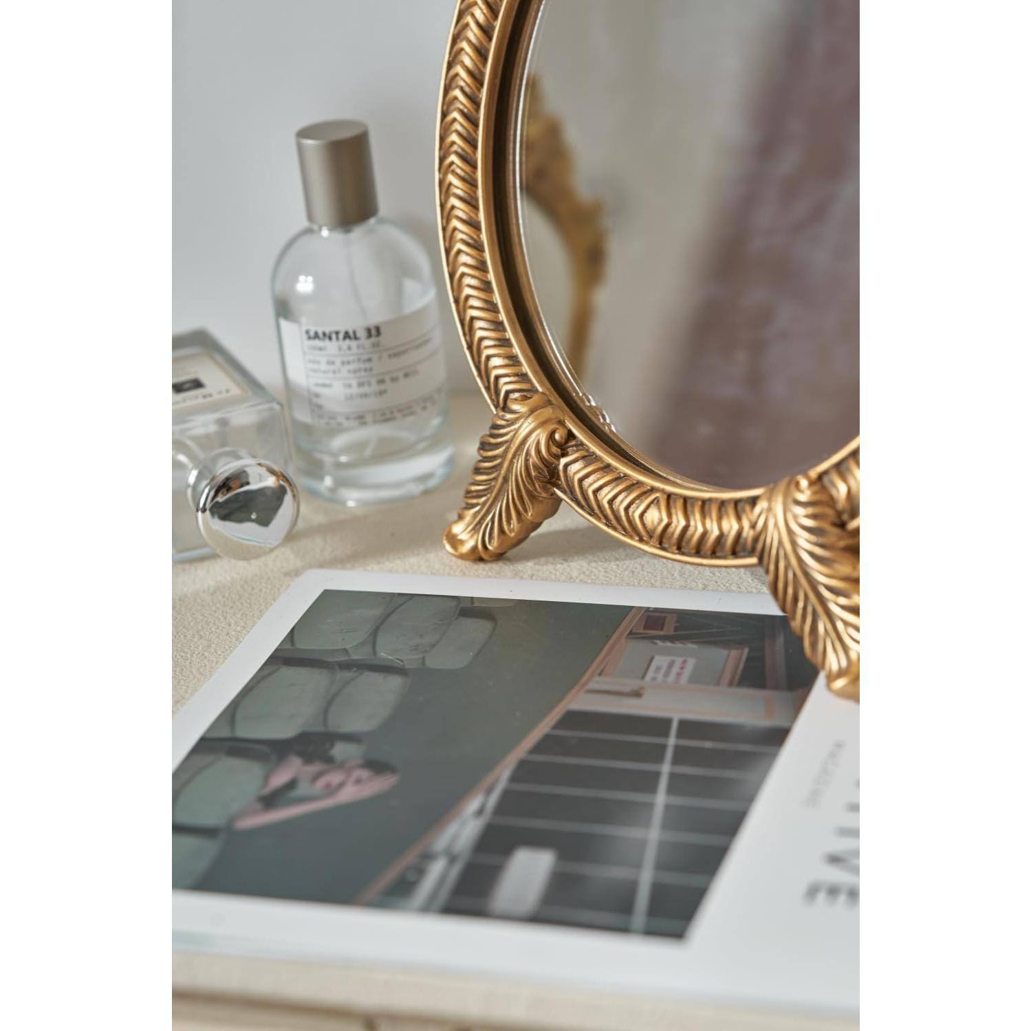 Alt View 3. Pacoar Cade - Small Round Vintage Vanity Mirror Baroque Desktop Antique Freestanding Dressing Table For Bedroom Living Room And... - Default.