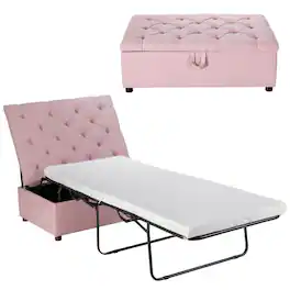 Costway - Folding Ottoman Sleeper Bed with Mattress Convertible Guest Bed - Pink