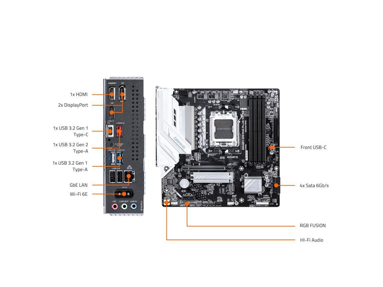 1x HDMI  
2x DisplayPort  
1x USB 3.2 Gen 1 Type-C  
1x USB 3.2 Gen 2 Type-A  
1x USB 3.2 Gen 1 Type-A  
GIGABYTE ORION LF  
2 GIGABYTE WTE  
PLUS  
I GAMING 0040M  
I N Front USB-C  
GbE LAN  
4x SATA 6Gb/s  
Wi-Fi 6E  
OUT  
RGB FUSION  
Hi-Fi Audio