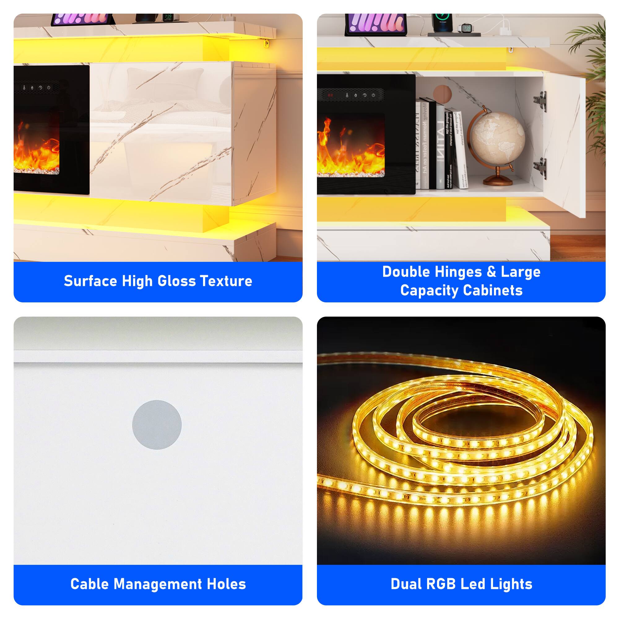 Surface High Gloss Texture  
Double Hinges & Large Capacity Cabinets  
Cable Management Holes  
Dual RGB Led Lights