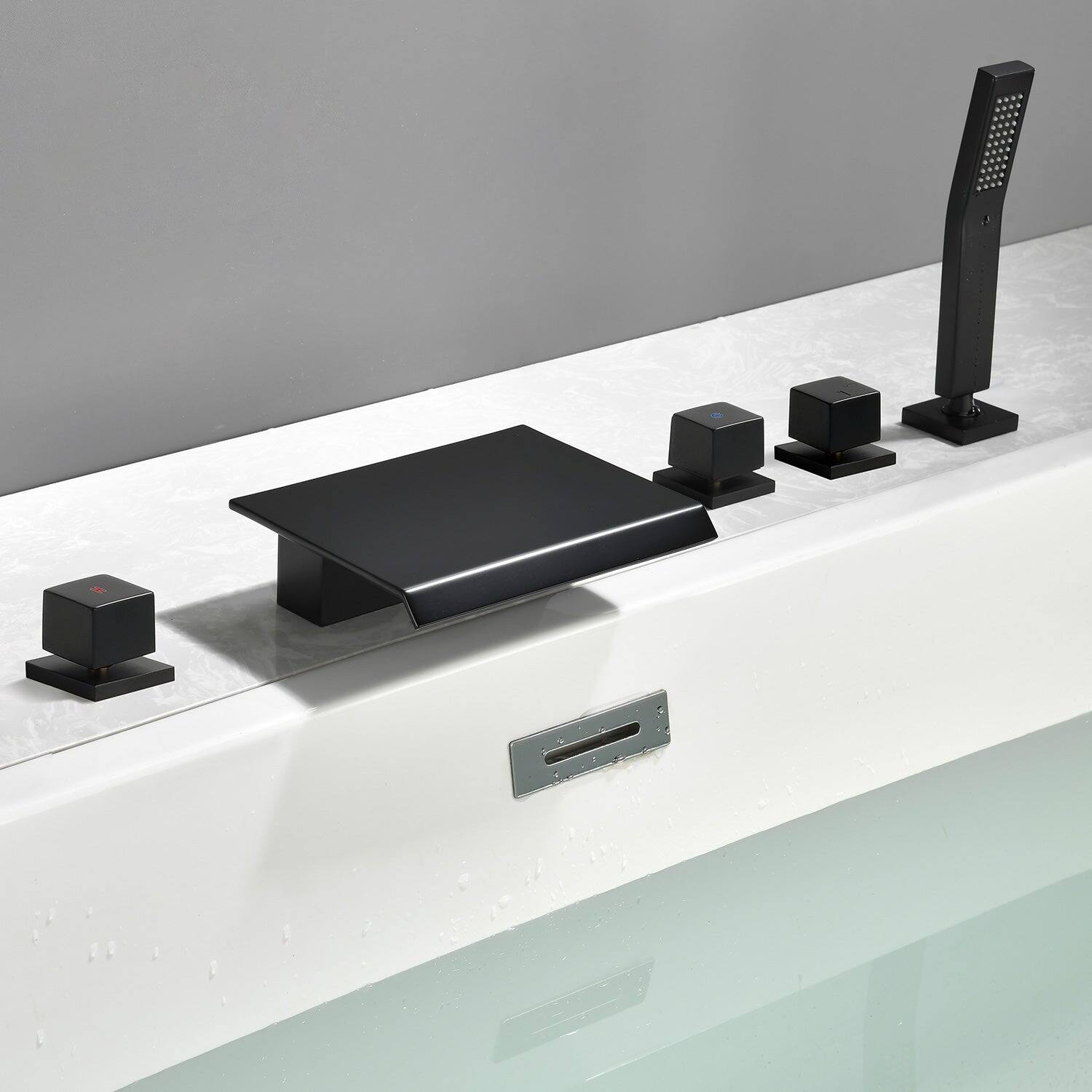 Alt View 3. Boyel Living - Black Waterfall Bath Tub Faucet with Handheld Shower SUS304 Material Hot Cold Control 5 Hole Installation High Flow Rate - Matte Black.