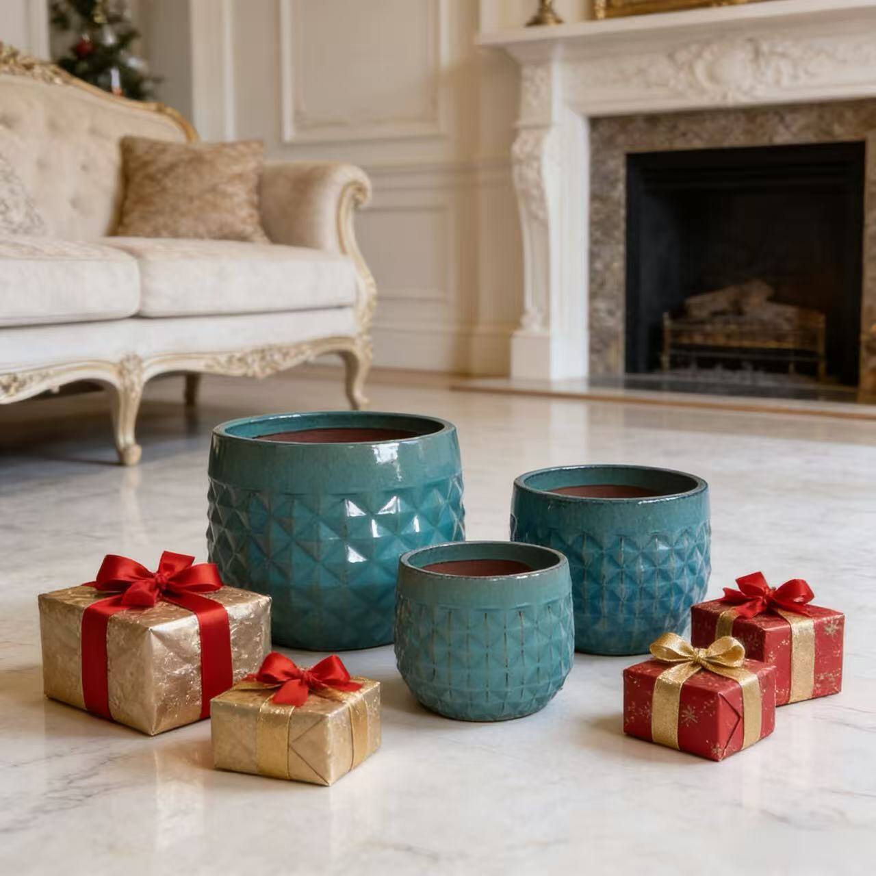 Back. Loheer - Loheer Ceramic Planter Set, Hand Glazed Teal Planter Set of 3 with Drainage Holes for Patio Herbs Succulents.