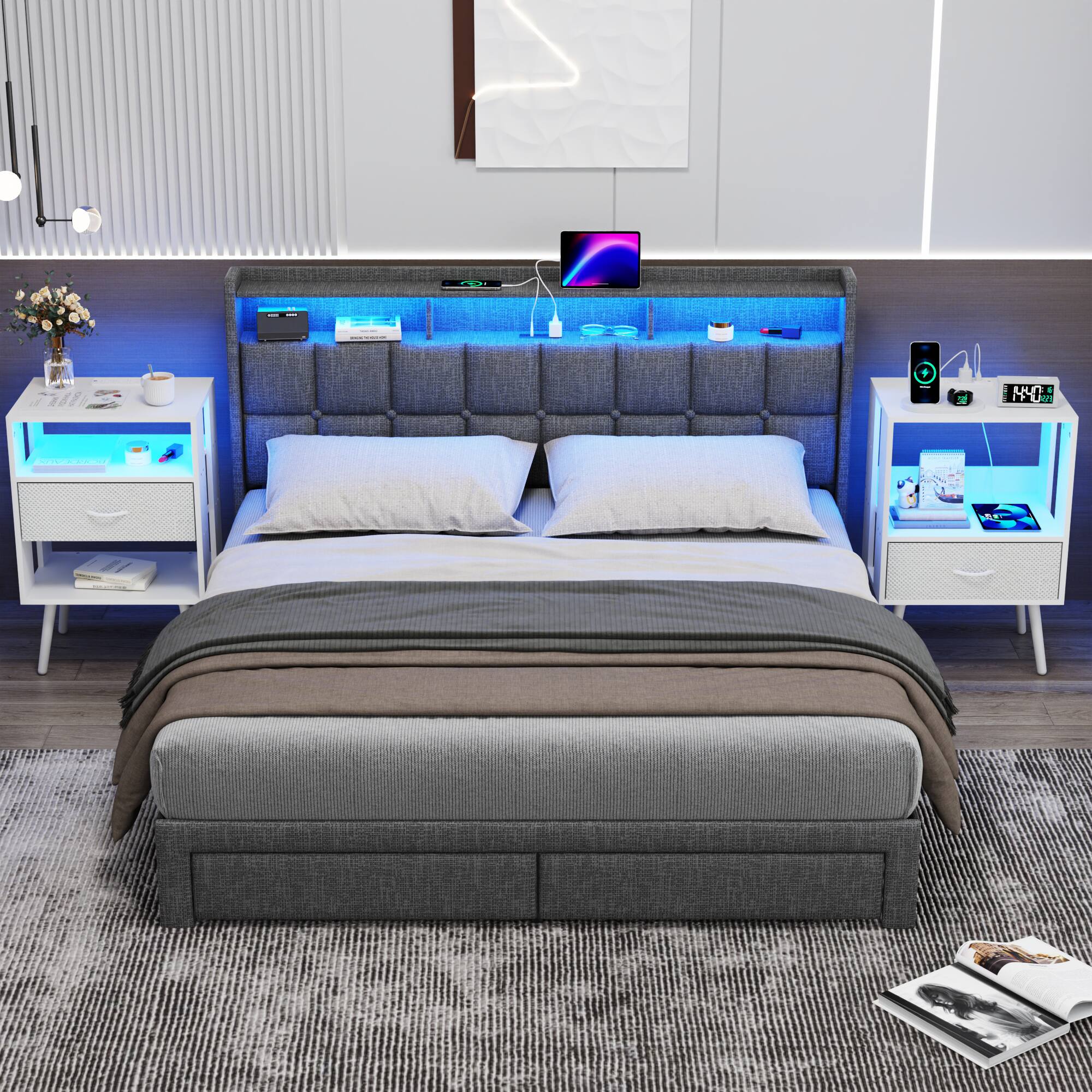 Alt View 6. Ecooso - 2-Pack Modern Nightstand with Charging Station, LED Light, Fabric Drawers - White.