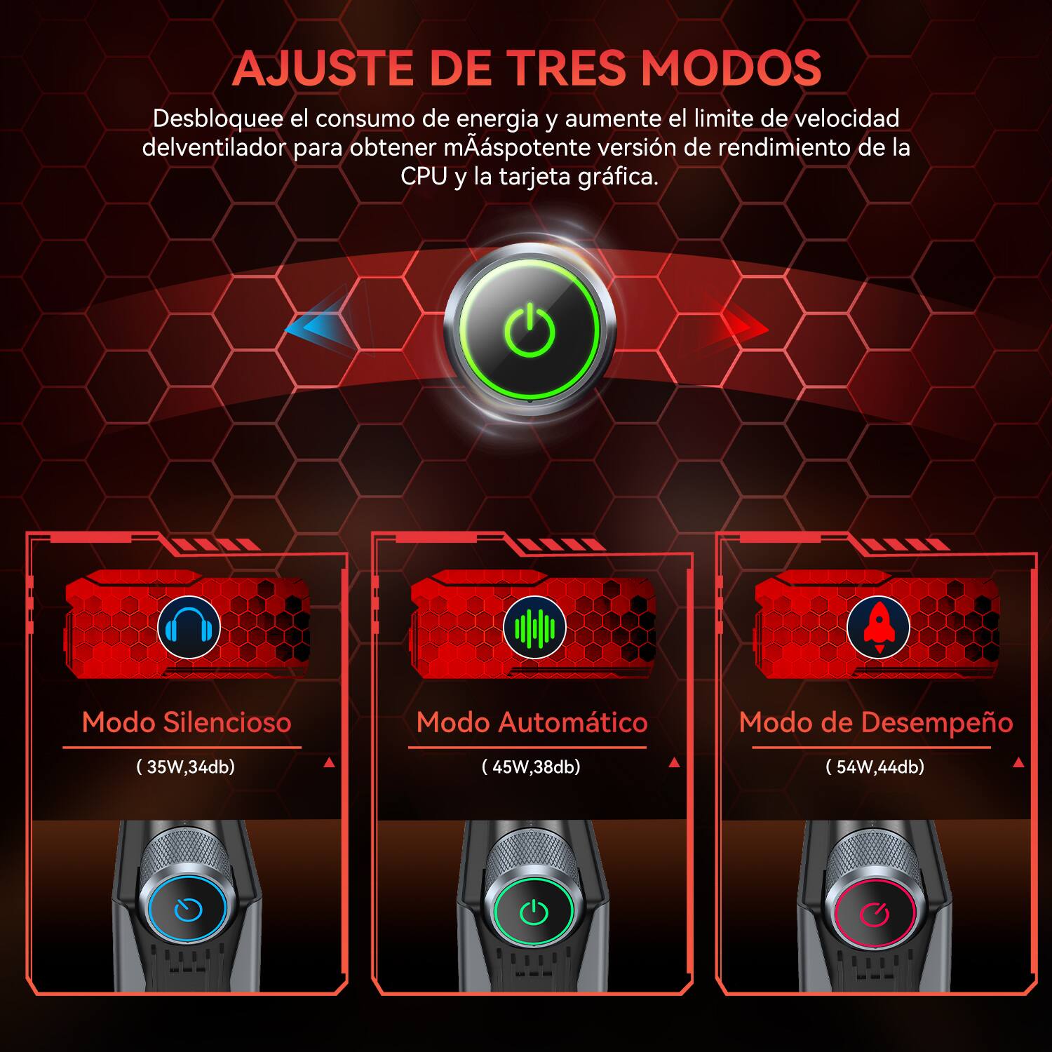 AJUSTE DE TRES MODOS

Desbloquee el consumo de energía y aumente el límite de velocidad del ventilador para obtener la versión más potente de rendimiento de la CPU y la tarjeta gráfica.

- Modo Silencioso (35W, 34dB)
- Modo Automático (45W, 38dB)
- Modo de Desempeño (54W, 44dB)