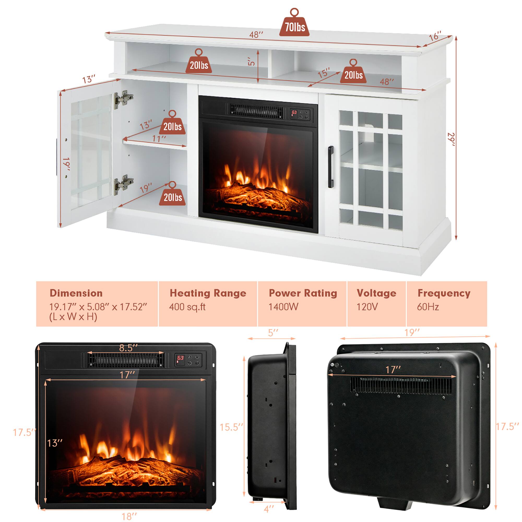 Dimension: 19.17" x 5.08" x 17.52" (L x W x H)
Heating Range: 400 sq.ft
Power Rating: 1400W
Voltage: 120V
Frequency: 60Hz

48" 70lbs 16" 13" 20lbs 5" 19" 17" 17.5" 13" 11" 19" 20lbs 29"